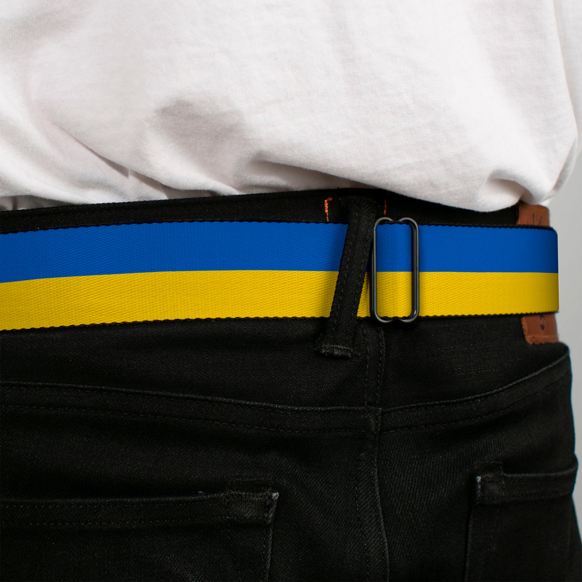 BD Wings Logo CLOSE-UP Black/Silver Seatbelt Belt - Ukraine Flag Continuous Webbing Seatbelt Belts Buckle-Down