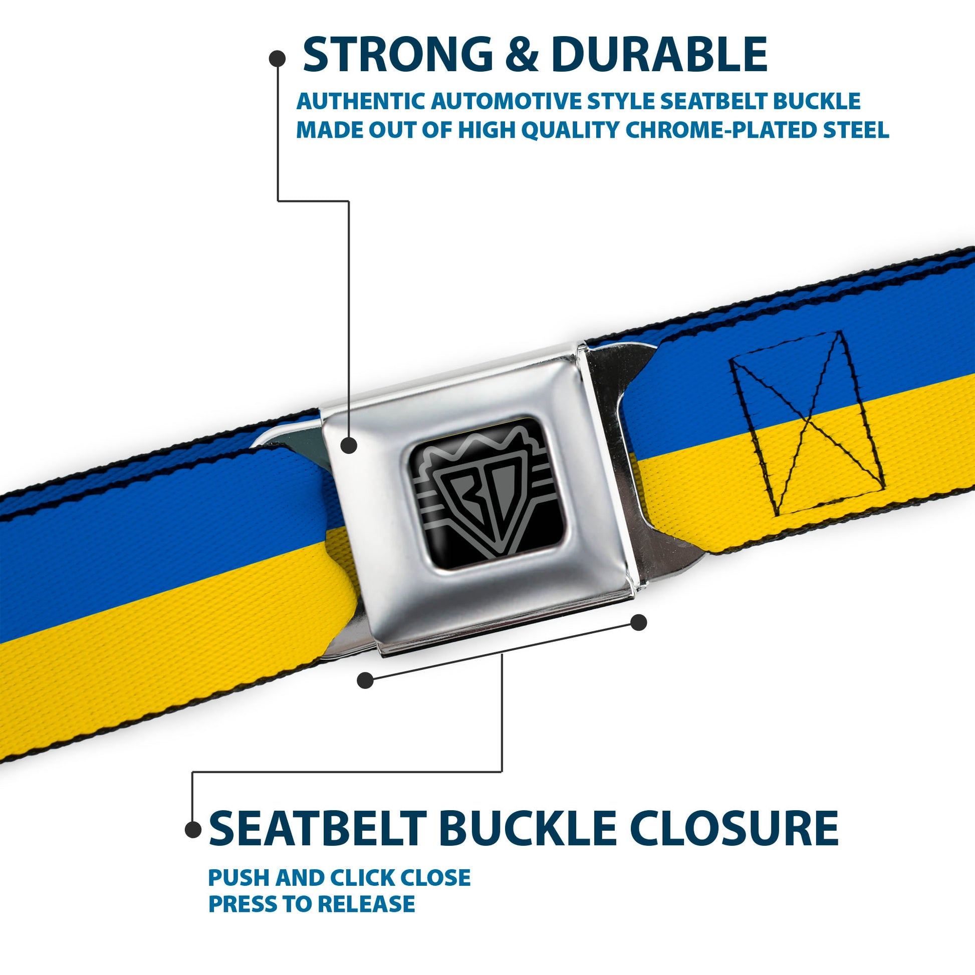 BD Wings Logo CLOSE-UP Black/Silver Seatbelt Belt - Ukraine Flag Continuous Webbing Seatbelt Belts Buckle-Down