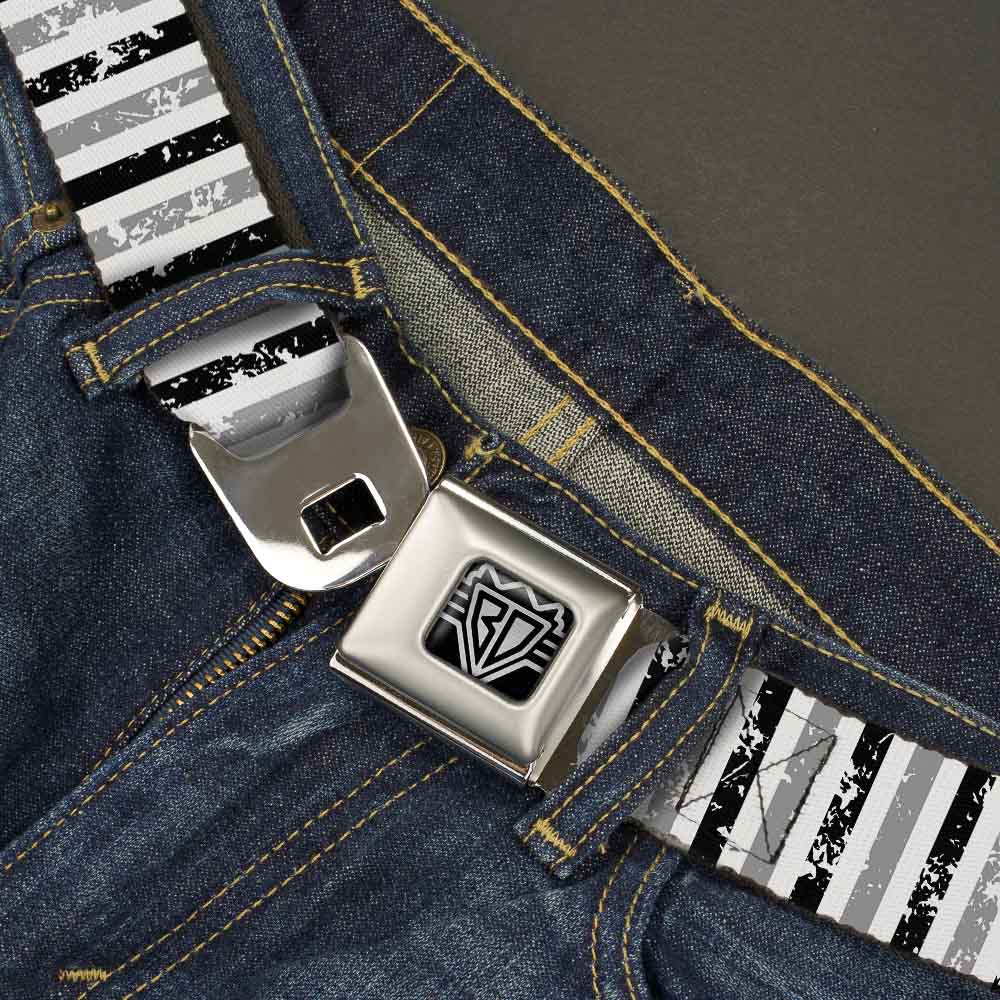 BD Wings Logo CLOSE-UP Full Color Black Silver Seatbelt Belt - Vertical Stripes White/Black/Gray Webbing Seatbelt Belts Buckle-Down