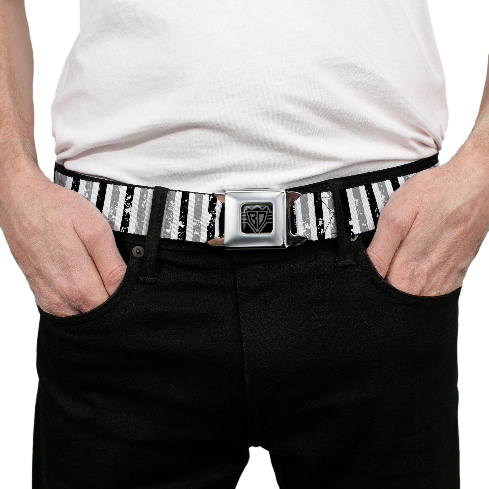BD Wings Logo CLOSE-UP Full Color Black Silver Seatbelt Belt - Vertical Stripes White/Black/Gray Webbing Seatbelt Belts Buckle-Down