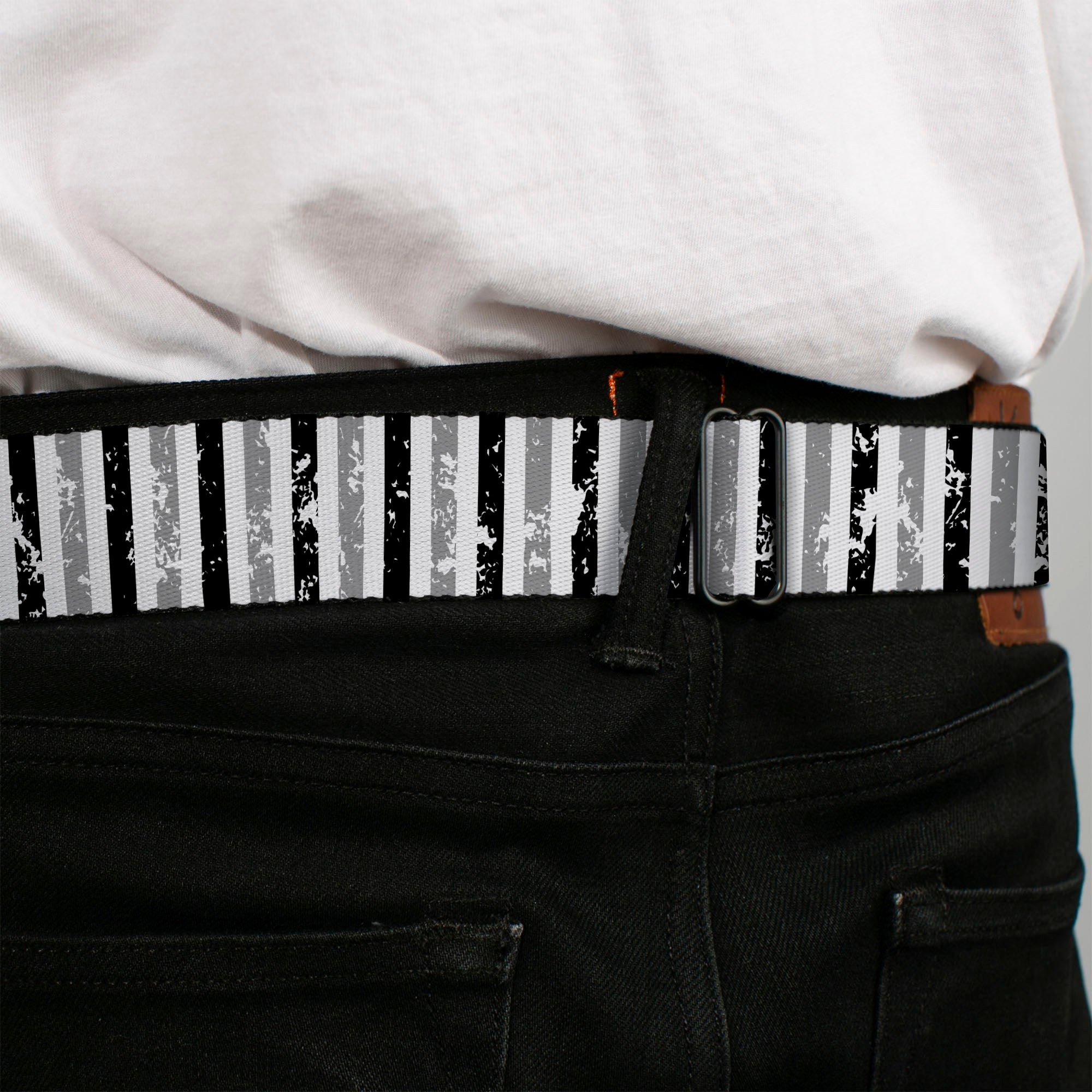 BD Wings Logo CLOSE-UP Full Color Black Silver Seatbelt Belt - Vertical Stripes White/Black/Gray Webbing Seatbelt Belts Buckle-Down