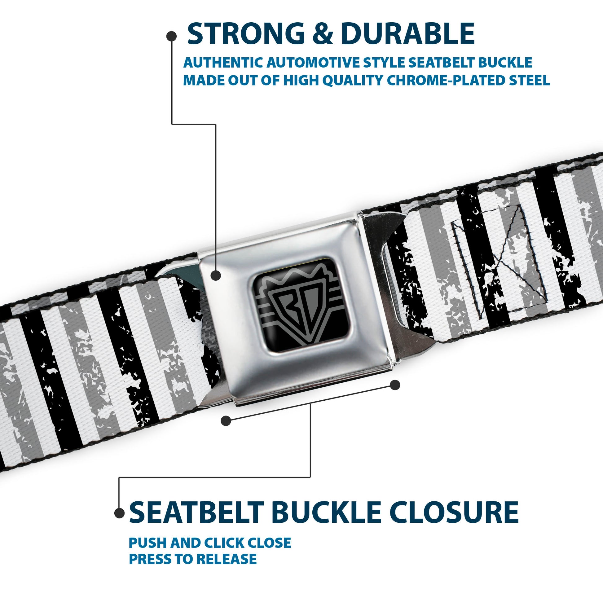 BD Wings Logo CLOSE-UP Full Color Black Silver Seatbelt Belt - Vertical Stripes White/Black/Gray Webbing Seatbelt Belts Buckle-Down