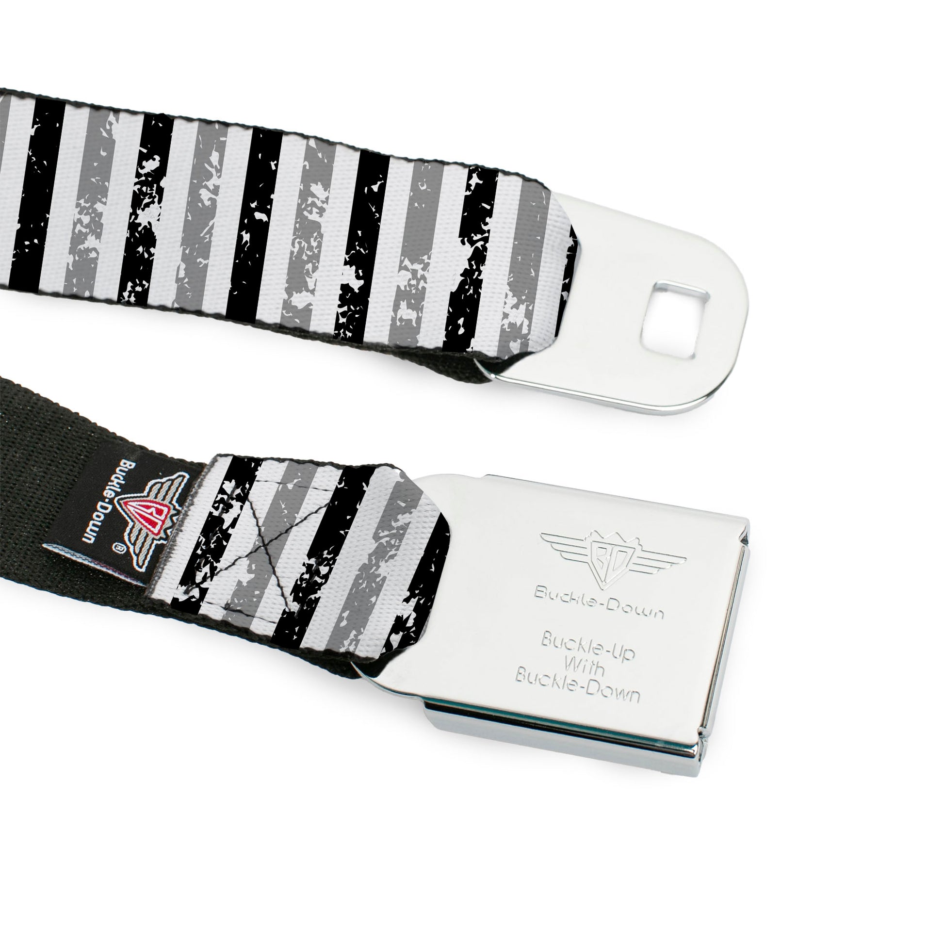BD Wings Logo CLOSE-UP Full Color Black Silver Seatbelt Belt - Vertical Stripes White/Black/Gray Webbing Seatbelt Belts Buckle-Down