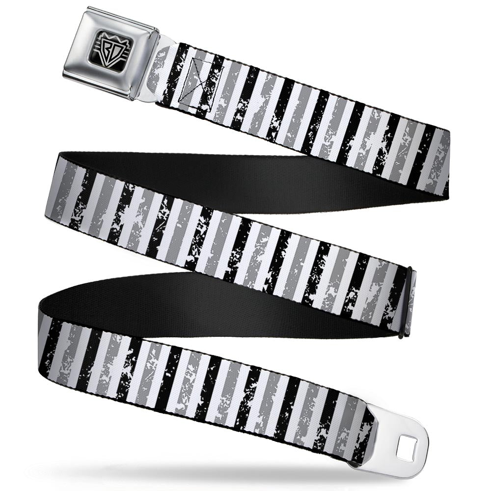 BD Wings Logo CLOSE-UP Full Color Black Silver Seatbelt Belt - Vertical Stripes White/Black/Gray Webbing Seatbelt Belts Buckle-Down
