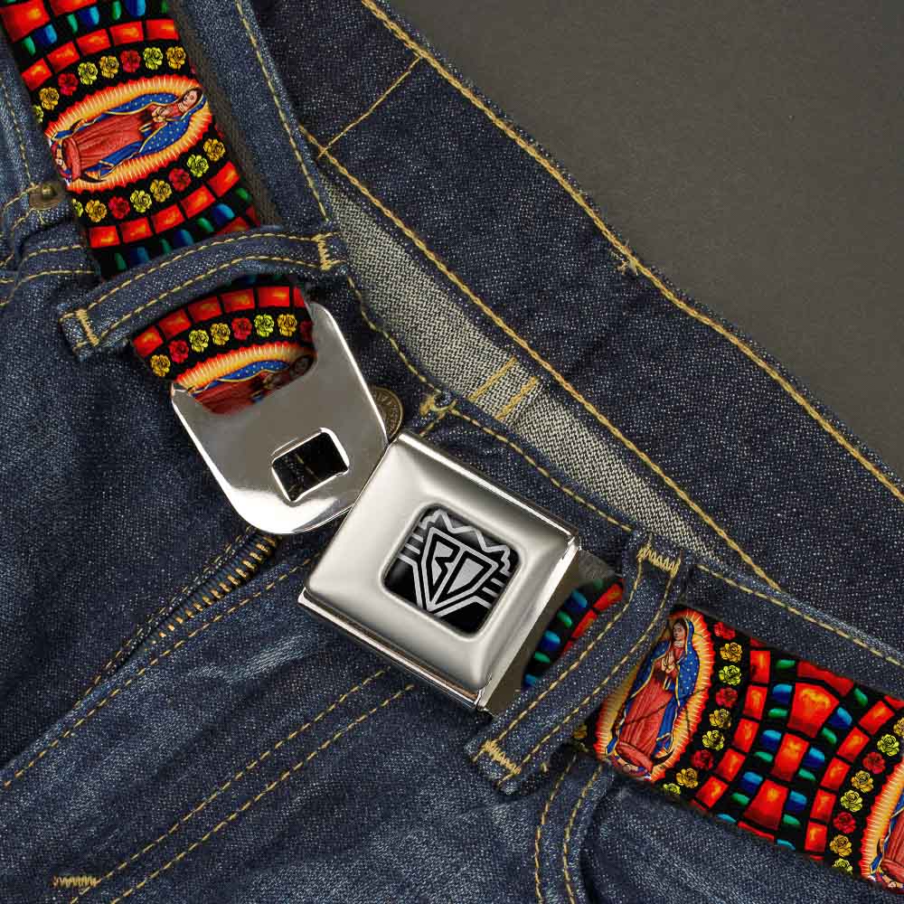BD Wings Logo CLOSE-UP Full Color Black Silver Seatbelt Belt - Virgen de Guadalupe Webbing Seatbelt Belts Buckle-Down