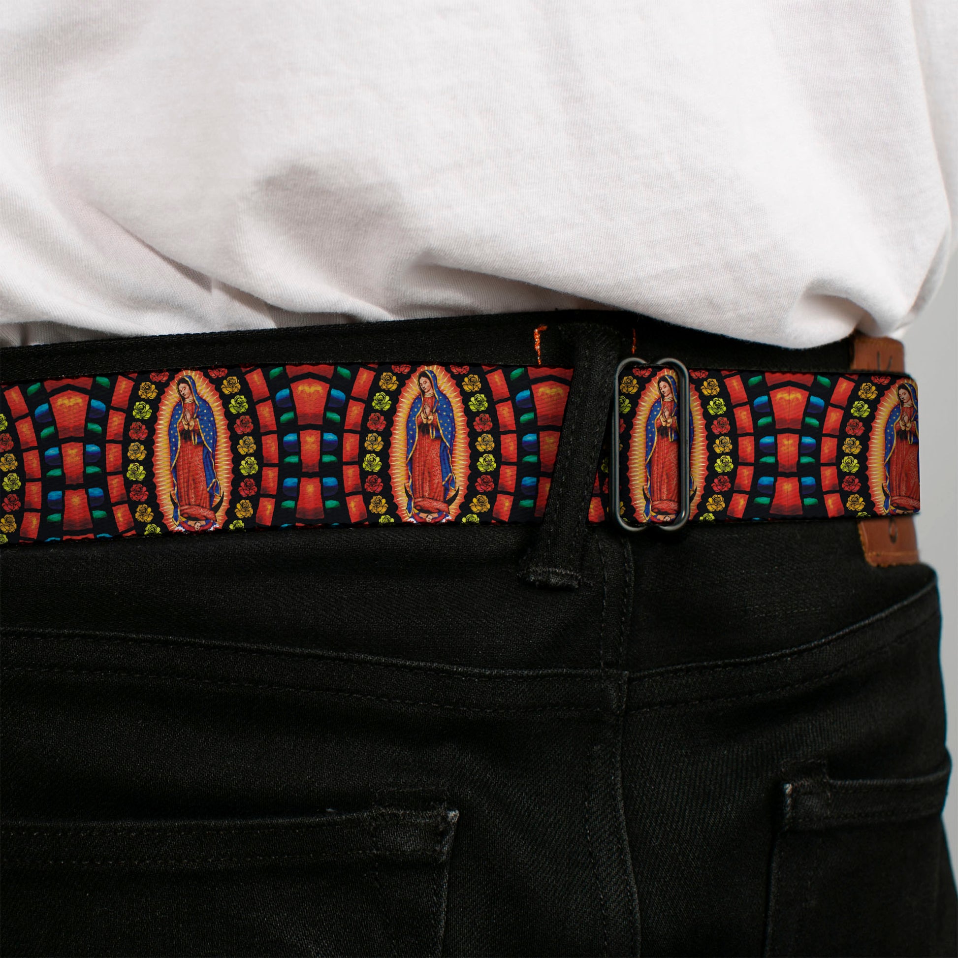 BD Wings Logo CLOSE-UP Full Color Black Silver Seatbelt Belt - Virgen de Guadalupe Webbing Seatbelt Belts Buckle-Down