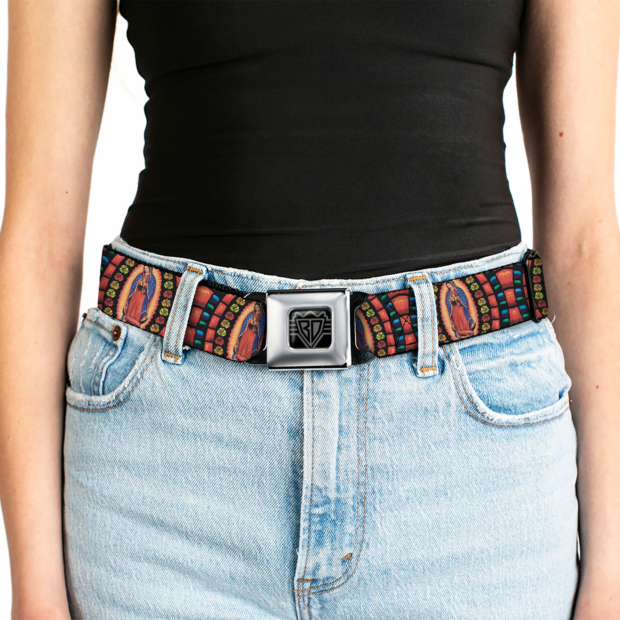 BD Wings Logo CLOSE-UP Full Color Black Silver Seatbelt Belt - Virgen de Guadalupe Webbing Seatbelt Belts Buckle-Down