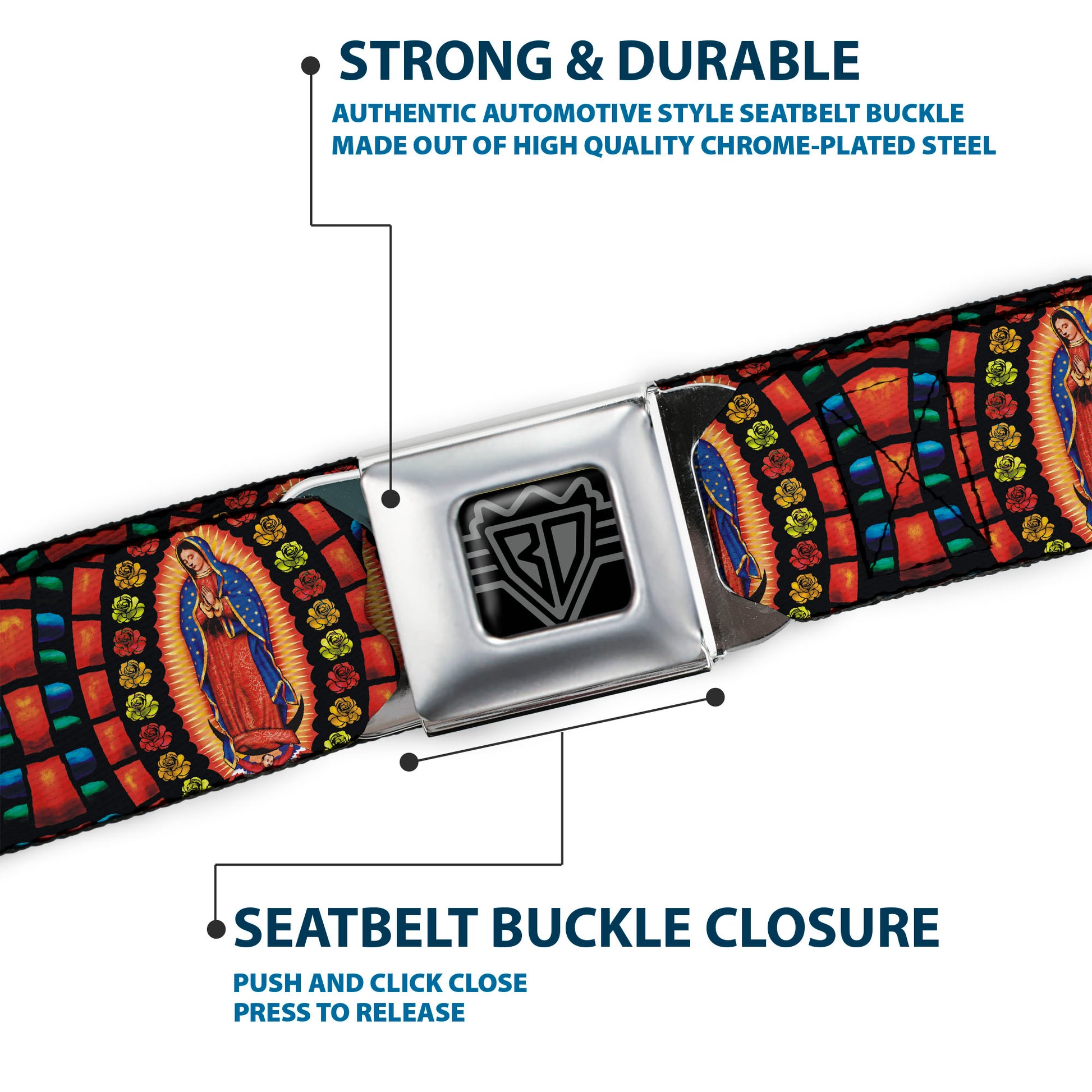 BD Wings Logo CLOSE-UP Full Color Black Silver Seatbelt Belt - Virgen de Guadalupe Webbing Seatbelt Belts Buckle-Down