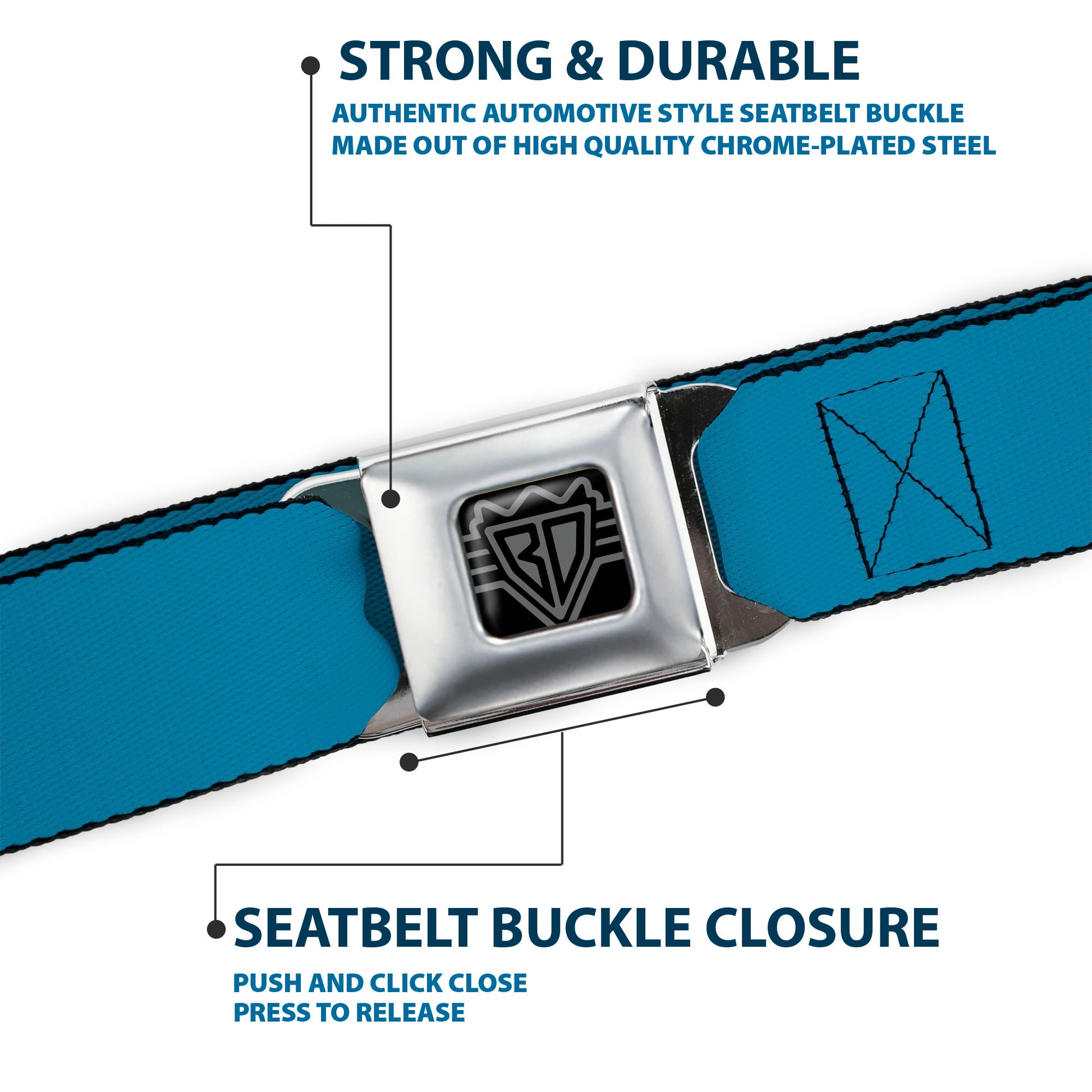 BD Wings Logo CLOSE-UP Full Color Black Silver Seatbelt Belt - Vivid Turquoise Webbing Seatbelt Belts Buckle-Down