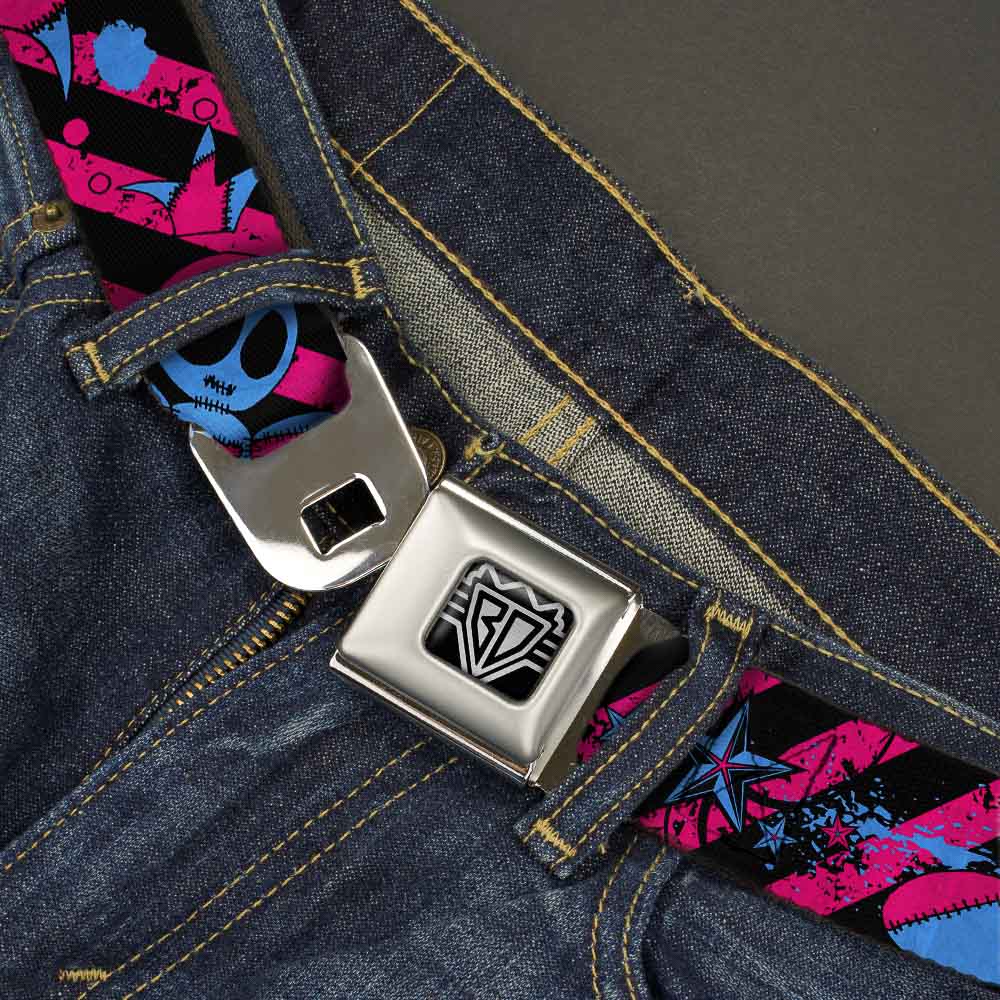 BD Wings Logo CLOSE-UP Full Color Black Silver Seatbelt Belt - Voodoo Black/Pink/Blue Webbing Seatbelt Belts Buckle-Down