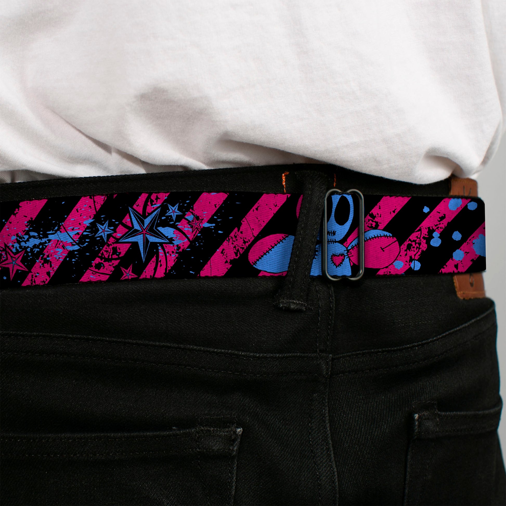BD Wings Logo CLOSE-UP Full Color Black Silver Seatbelt Belt - Voodoo Black/Pink/Blue Webbing Seatbelt Belts Buckle-Down