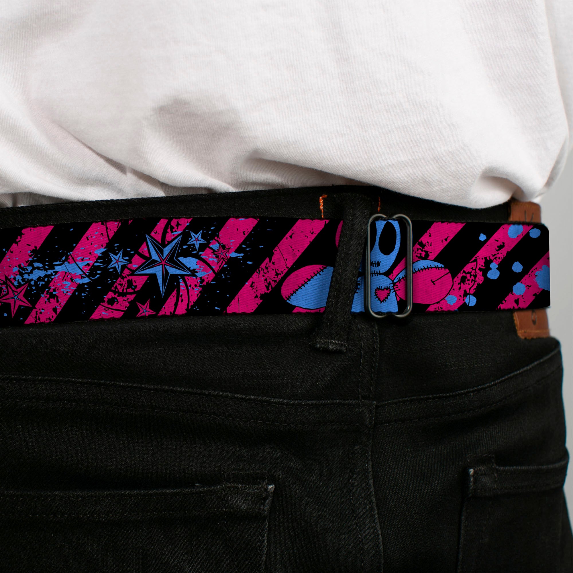 BD Wings Logo CLOSE-UP Full Color Black Silver Seatbelt Belt - Voodoo Black/Pink/Blue Webbing Seatbelt Belts Buckle-Down