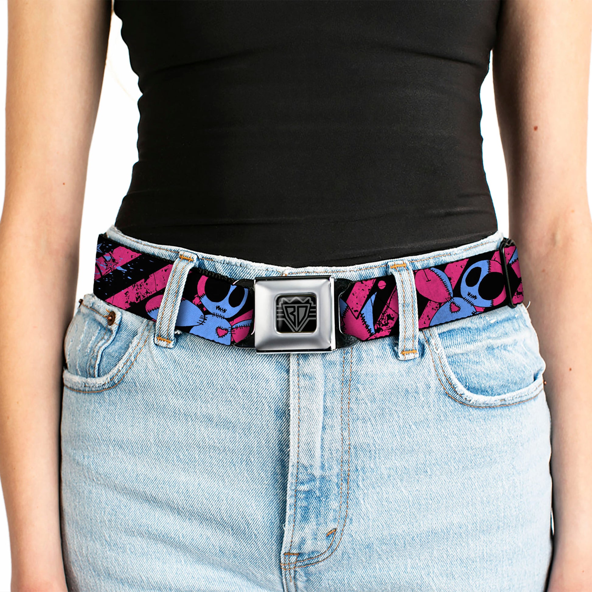 BD Wings Logo CLOSE-UP Full Color Black Silver Seatbelt Belt - Voodoo Black/Pink/Blue Webbing Seatbelt Belts Buckle-Down