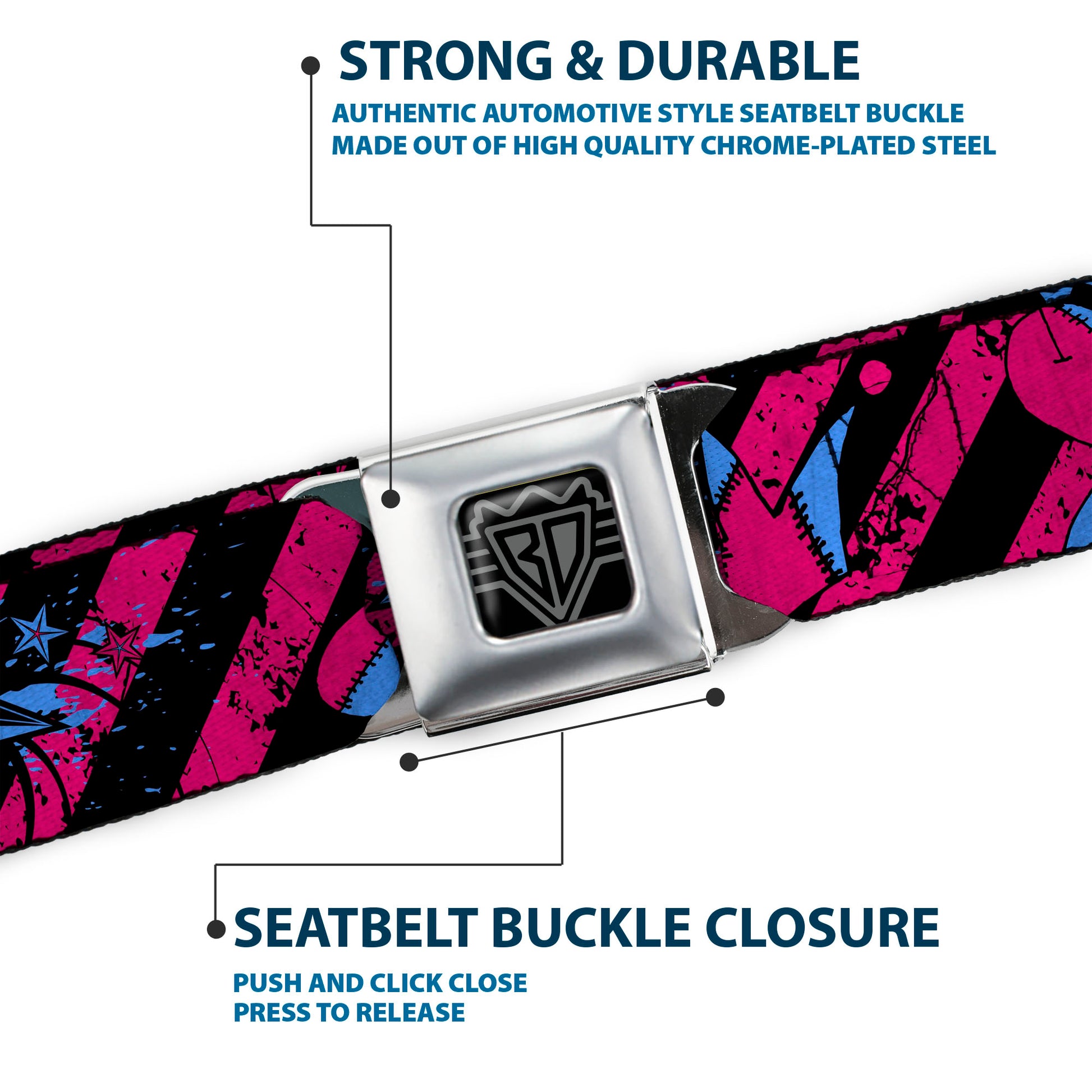 BD Wings Logo CLOSE-UP Full Color Black Silver Seatbelt Belt - Voodoo Black/Pink/Blue Webbing Seatbelt Belts Buckle-Down