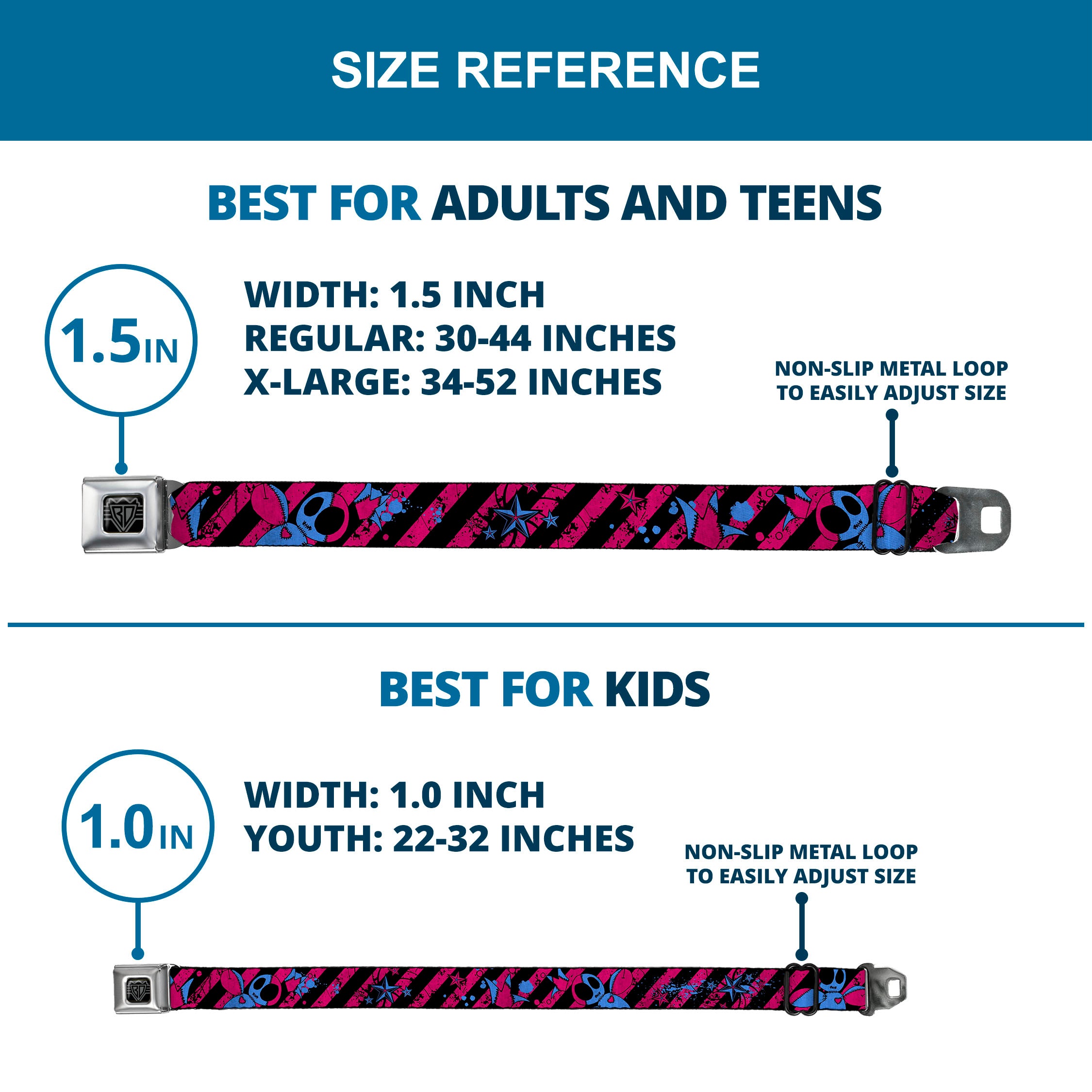 BD Wings Logo CLOSE-UP Full Color Black Silver Seatbelt Belt - Voodoo Black/Pink/Blue Webbing Seatbelt Belts Buckle-Down