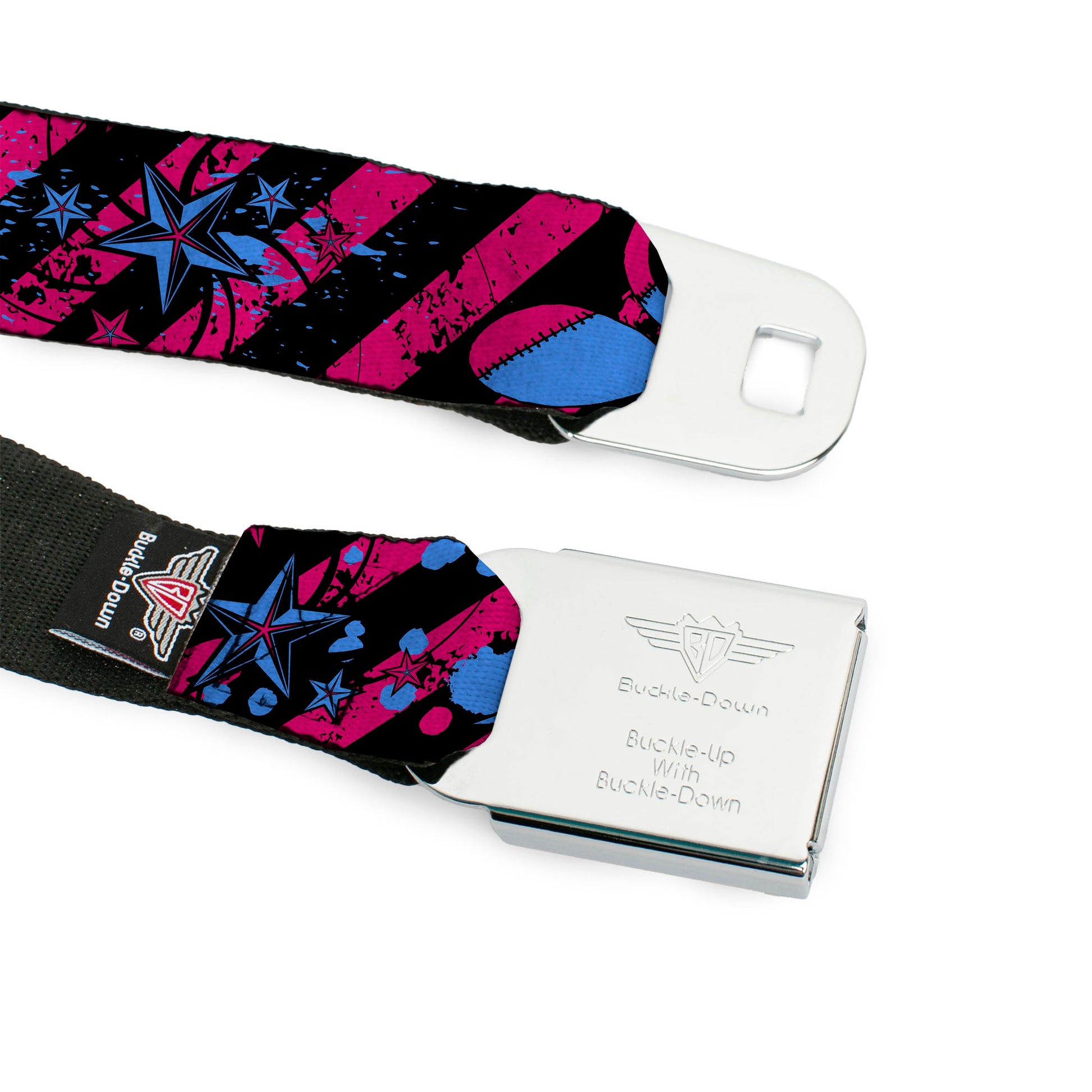 BD Wings Logo CLOSE-UP Full Color Black Silver Seatbelt Belt - Voodoo Black/Pink/Blue Webbing Seatbelt Belts Buckle-Down