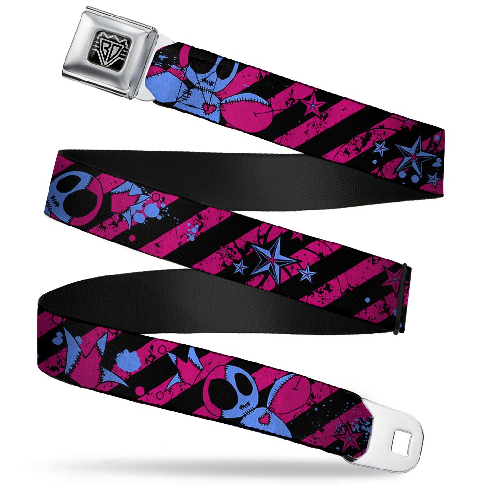BD Wings Logo CLOSE-UP Full Color Black Silver Seatbelt Belt - Voodoo Black/Pink/Blue Webbing Seatbelt Belts Buckle-Down