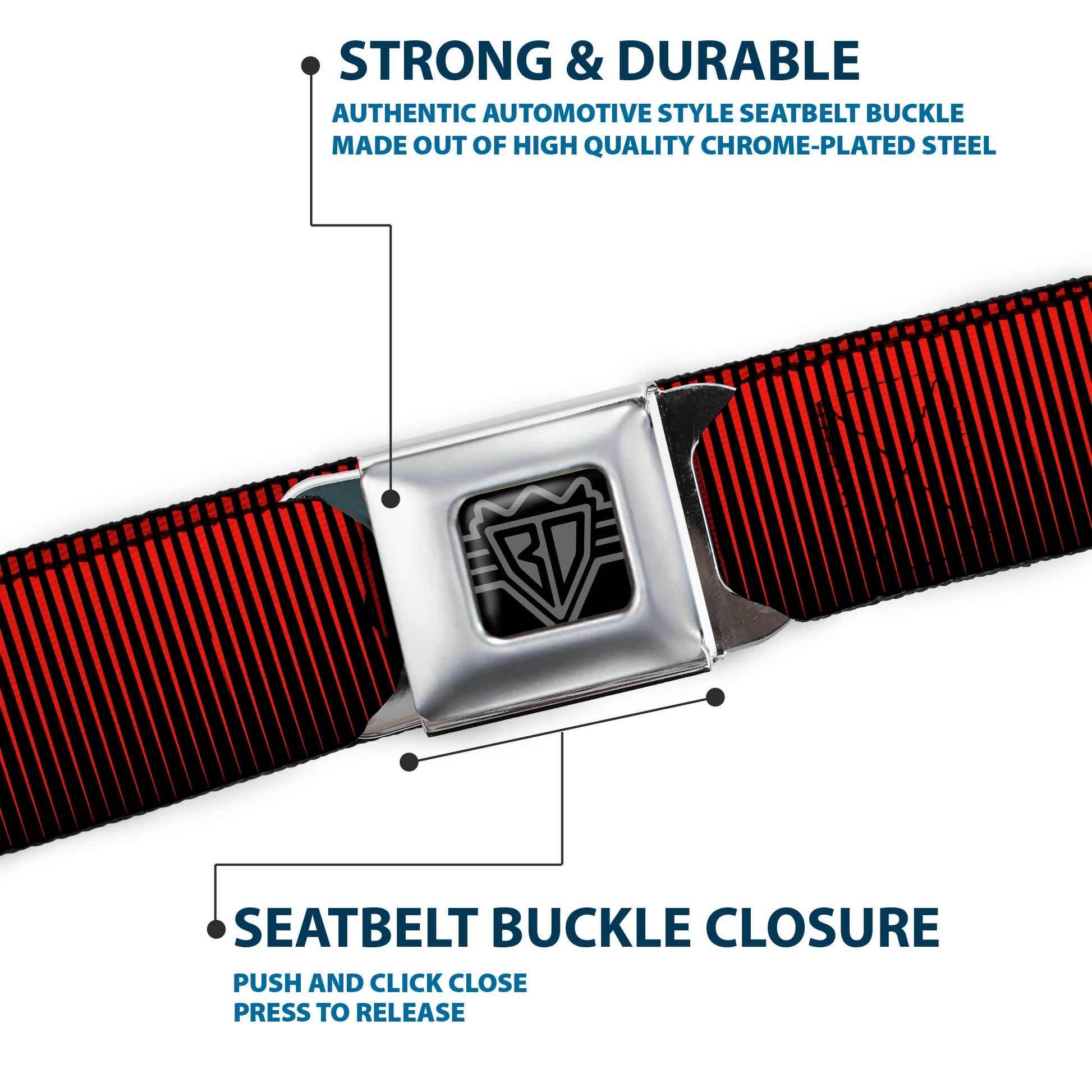 BD Wings Logo CLOSE-UP Full Color Black Silver Seatbelt Belt - Vertical Stripes Transition Black/Red Webbing Seatbelt Belts Buckle-Down