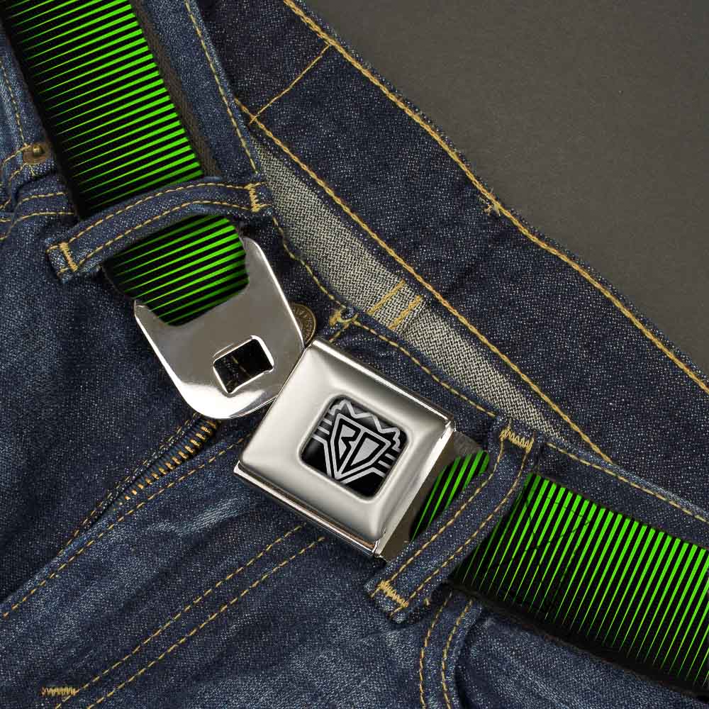 BD Wings Logo CLOSE-UP Full Color Black Silver Seatbelt Belt - Vertical Stripes Transition Black/Yellow Webbing Seatbelt Belts Buckle-Down