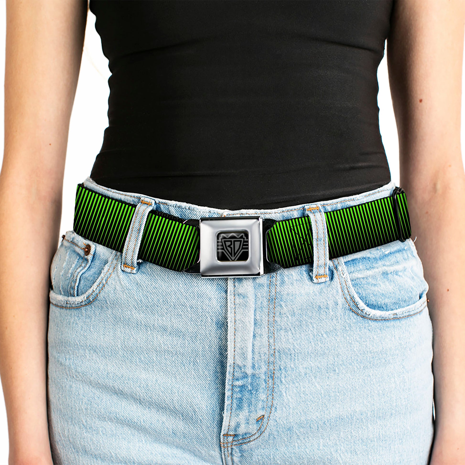 BD Wings Logo CLOSE-UP Full Color Black Silver Seatbelt Belt - Vertical Stripes Transition Black/Yellow Webbing Seatbelt Belts Buckle-Down