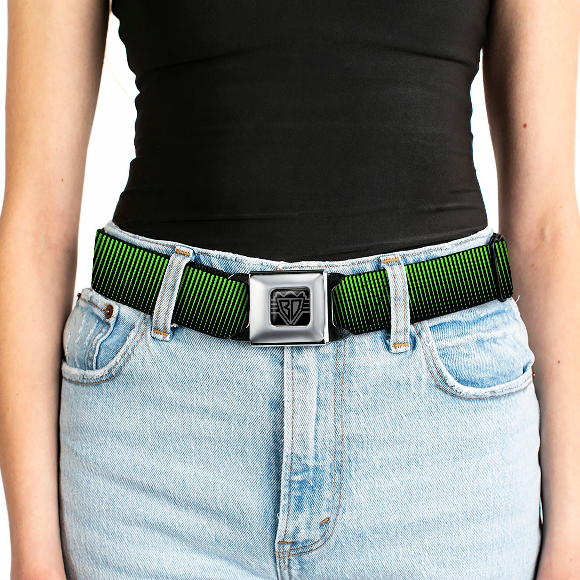 BD Wings Logo CLOSE-UP Full Color Black Silver Seatbelt Belt - Vertical Stripes Transition Black/Yellow Webbing Seatbelt Belts Buckle-Down