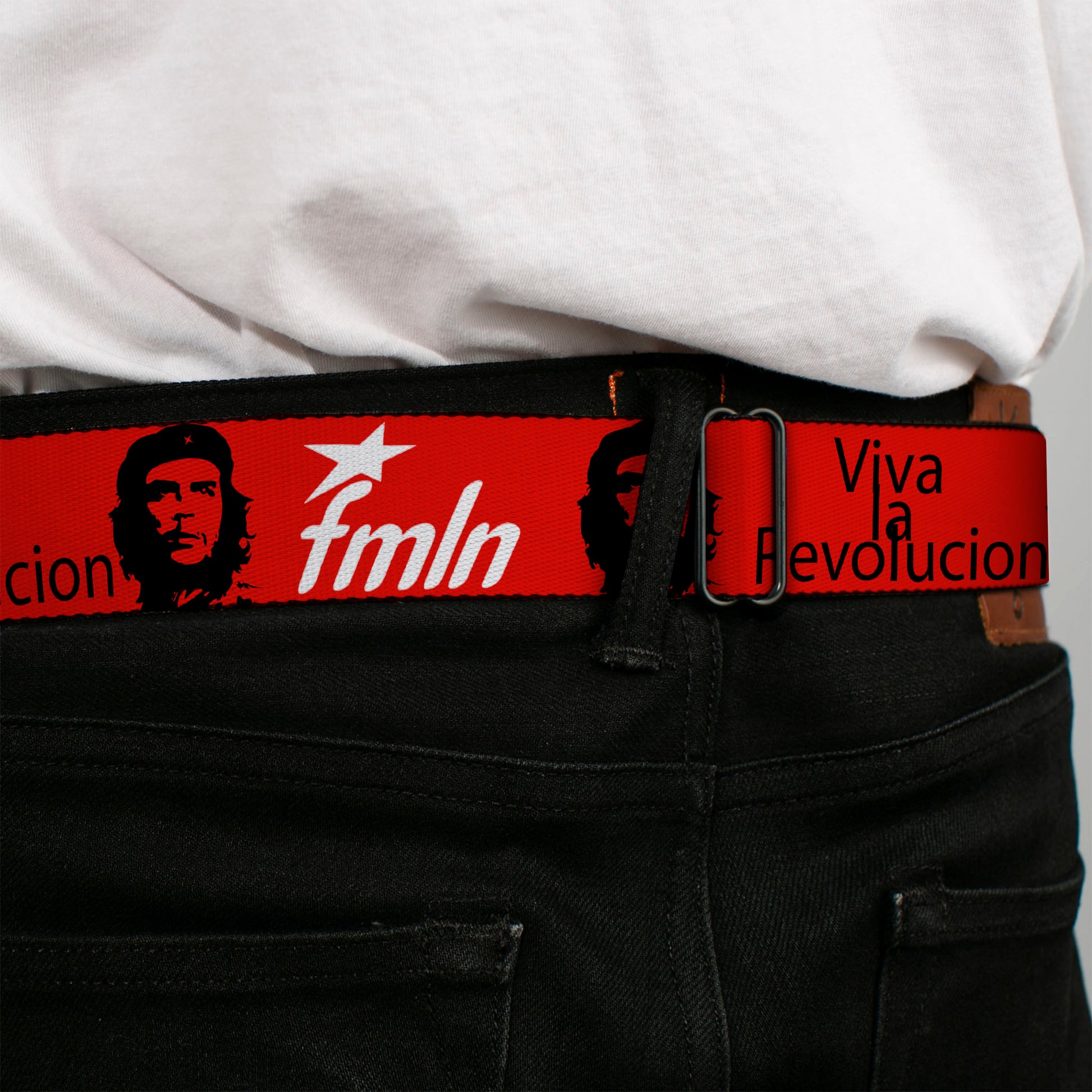 BD Wings Logo CLOSE-UP Full Color Black Silver Seatbelt Belt - VIVA LA REVOLUCION Che w/fmln Red Webbing Seatbelt Belts Buckle-Down