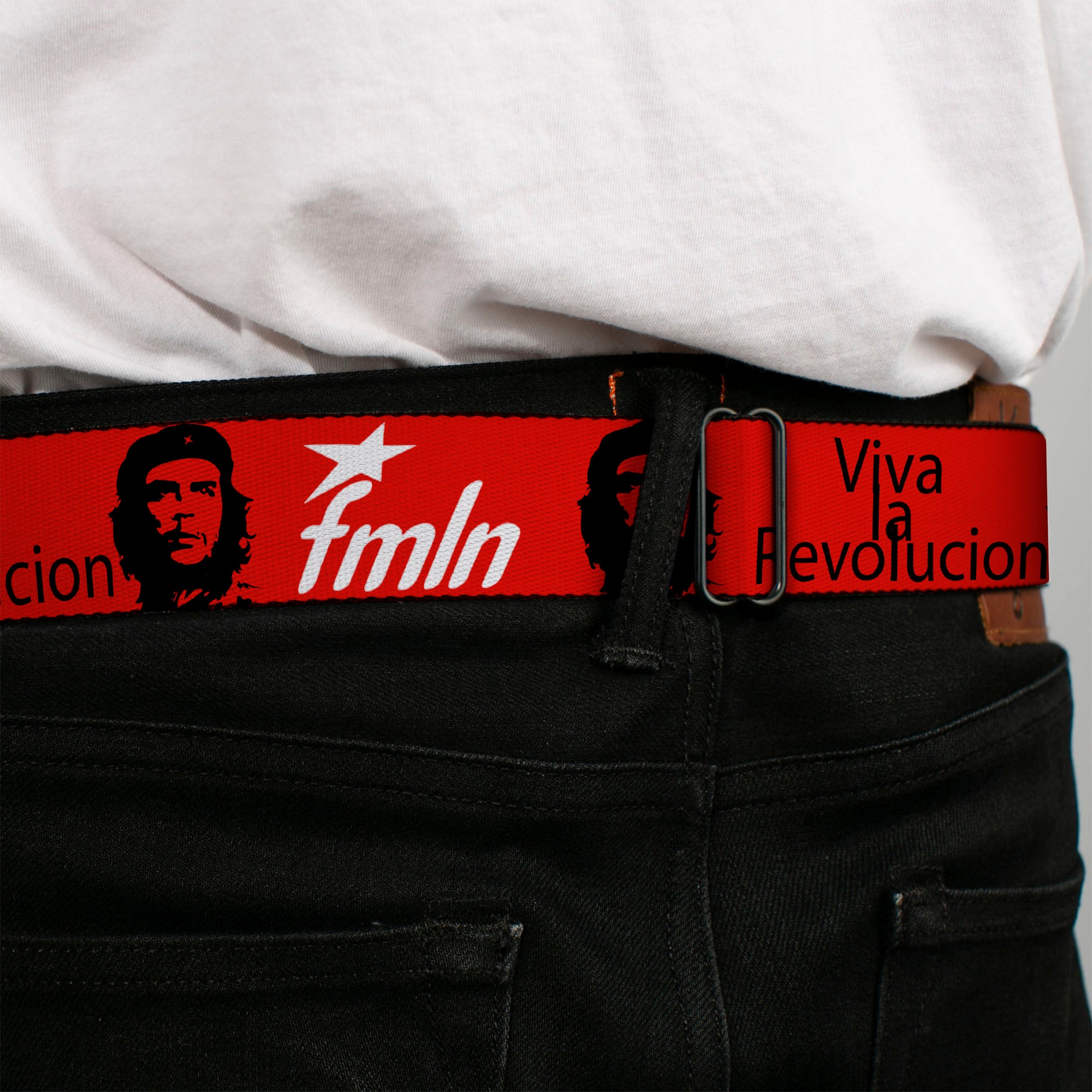 BD Wings Logo CLOSE-UP Full Color Black Silver Seatbelt Belt - VIVA LA REVOLUCION Che w/fmln Red Webbing Seatbelt Belts Buckle-Down