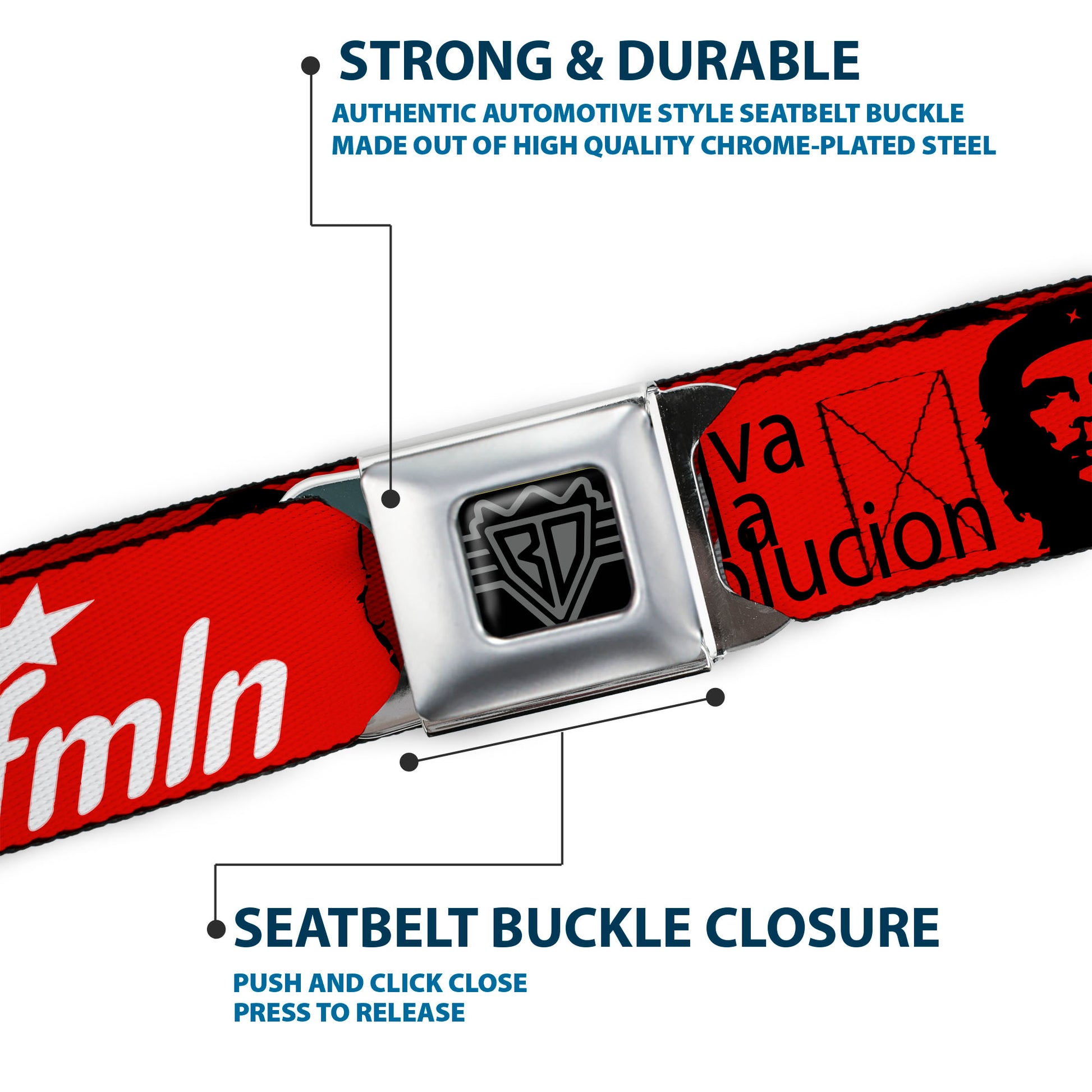 BD Wings Logo CLOSE-UP Full Color Black Silver Seatbelt Belt - VIVA LA REVOLUCION Che w/fmln Red Webbing Seatbelt Belts Buckle-Down