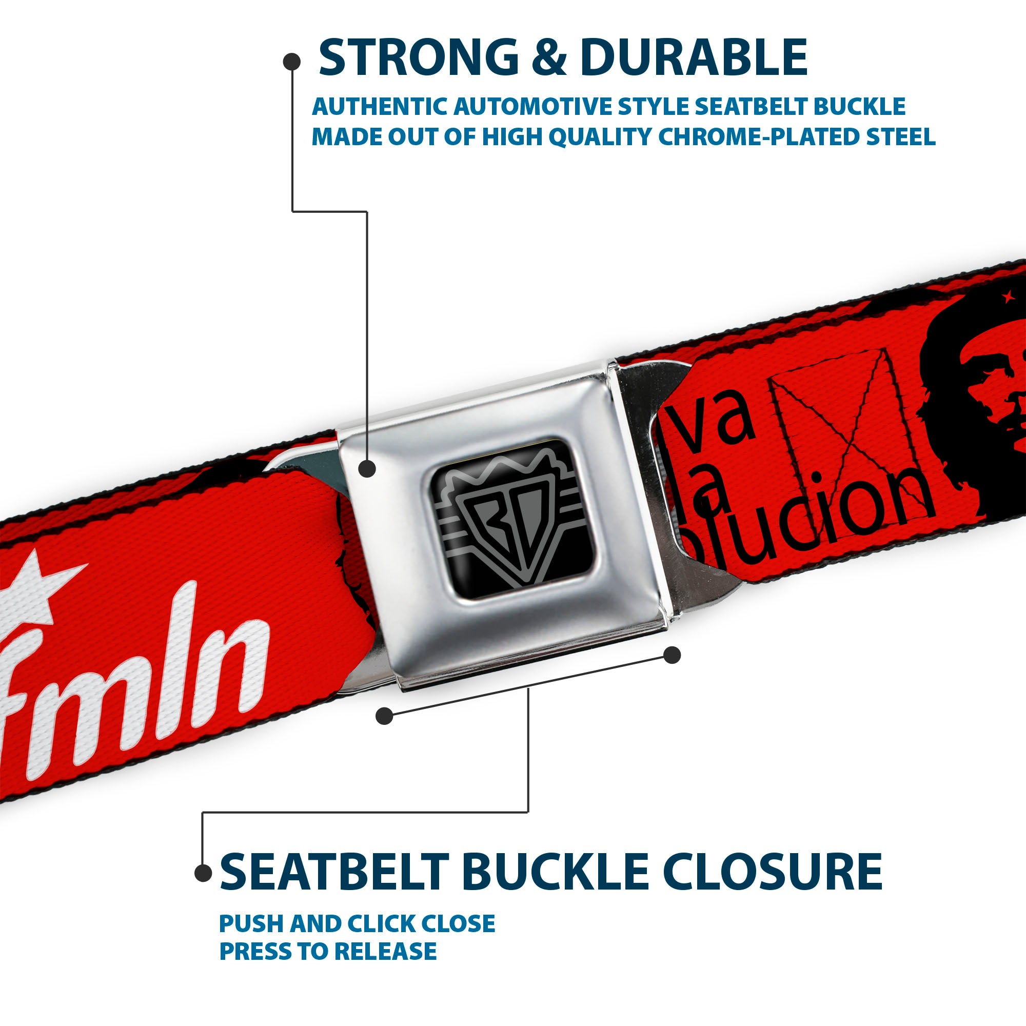 BD Wings Logo CLOSE-UP Full Color Black Silver Seatbelt Belt - VIVA LA REVOLUCION Che w/fmln Red Webbing Seatbelt Belts Buckle-Down
