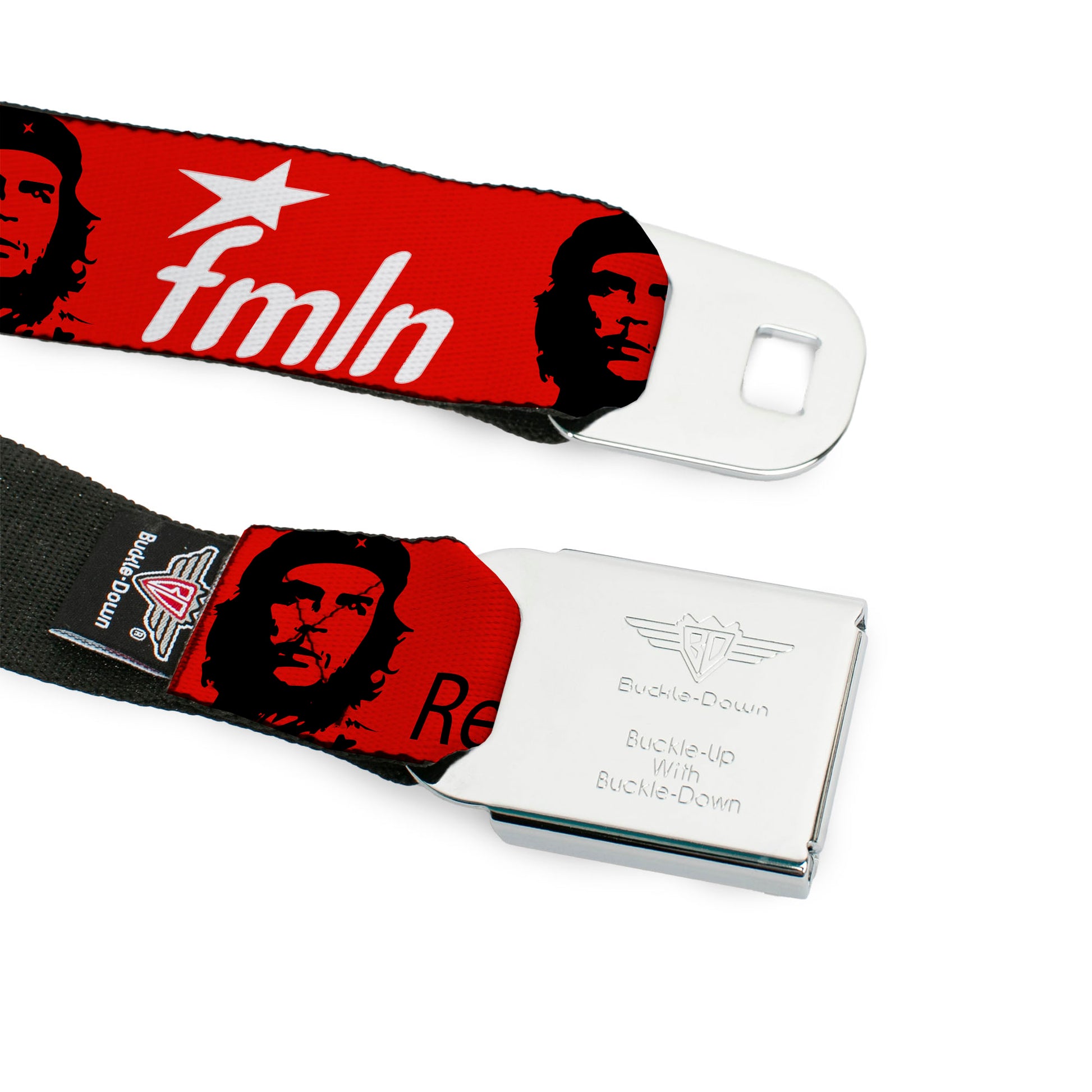 BD Wings Logo CLOSE-UP Full Color Black Silver Seatbelt Belt - VIVA LA REVOLUCION Che w/fmln Red Webbing Seatbelt Belts Buckle-Down
