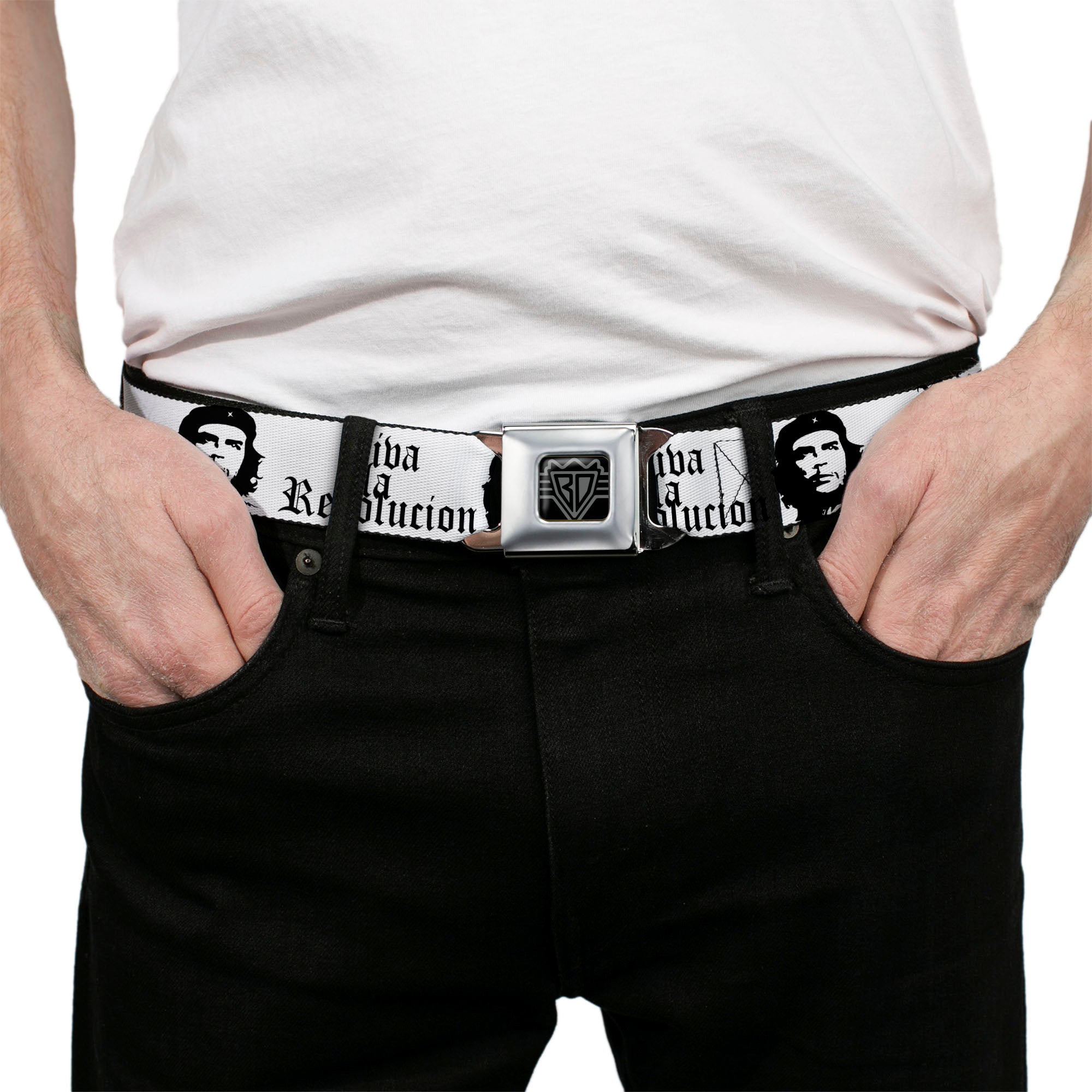BD Wings Logo CLOSE-UP Full Color Black Silver Seatbelt Belt - VIVA LA REVOLUCION Che White/Black Webbing Seatbelt Belts Buckle-Down