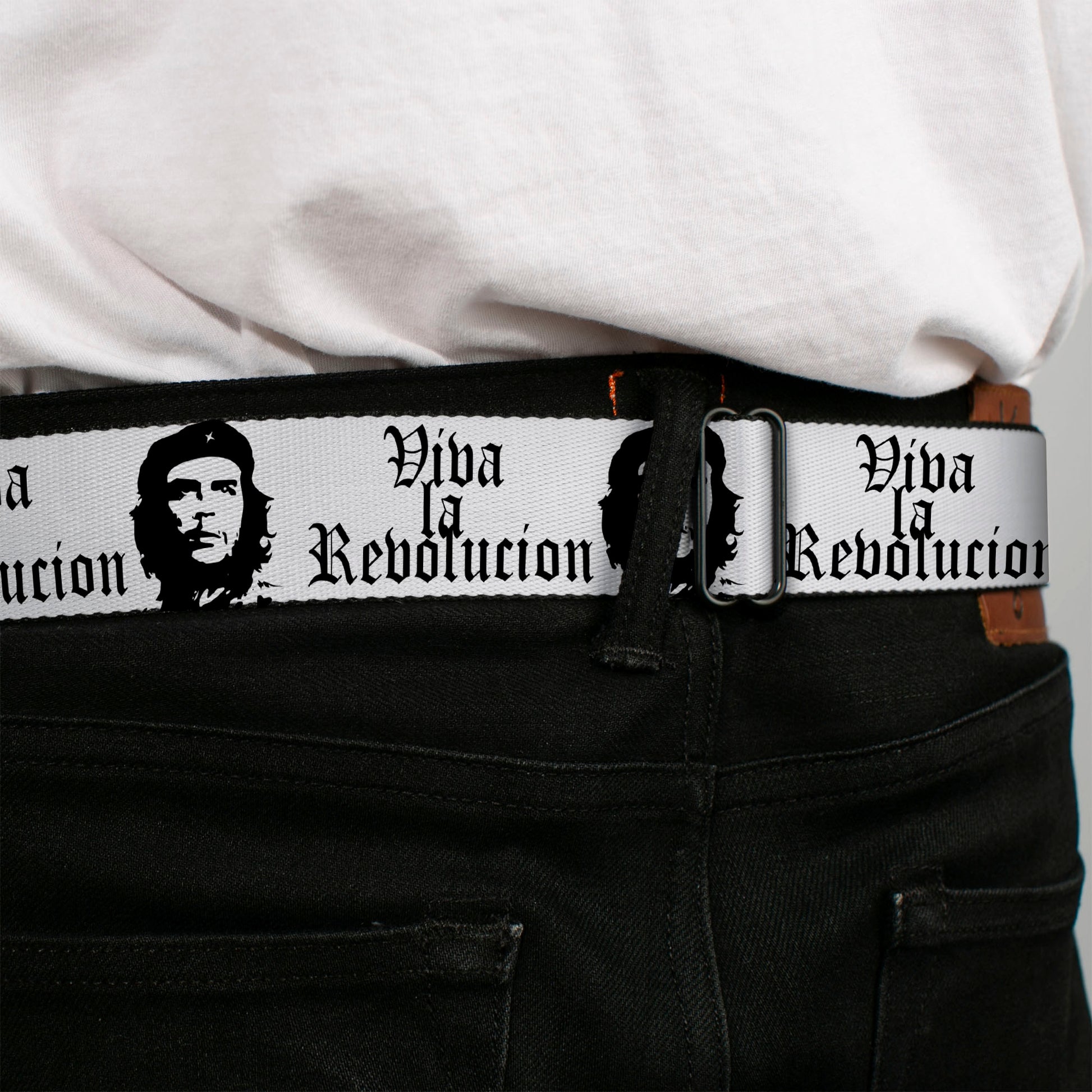 BD Wings Logo CLOSE-UP Full Color Black Silver Seatbelt Belt - VIVA LA REVOLUCION Che White/Black Webbing Seatbelt Belts Buckle-Down