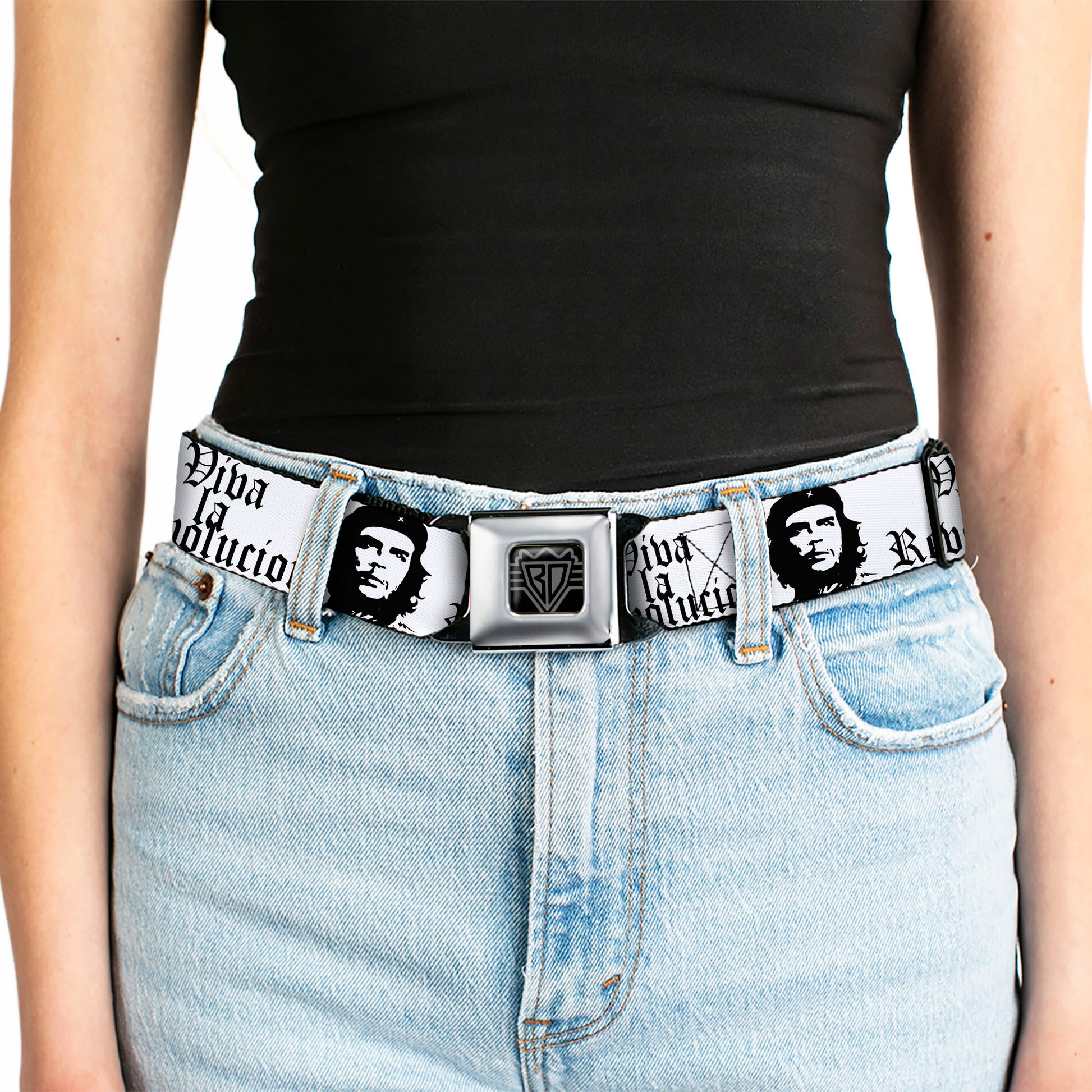 BD Wings Logo CLOSE-UP Full Color Black Silver Seatbelt Belt - VIVA LA REVOLUCION Che White/Black Webbing Seatbelt Belts Buckle-Down