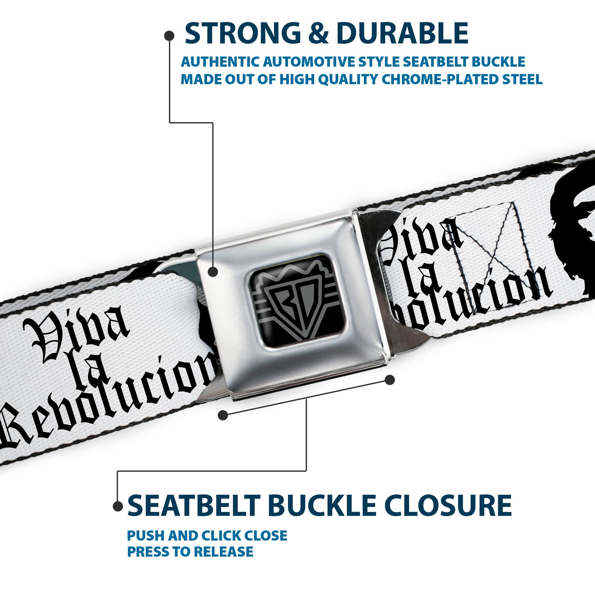 BD Wings Logo CLOSE-UP Full Color Black Silver Seatbelt Belt - VIVA LA REVOLUCION Che White/Black Webbing Seatbelt Belts Buckle-Down