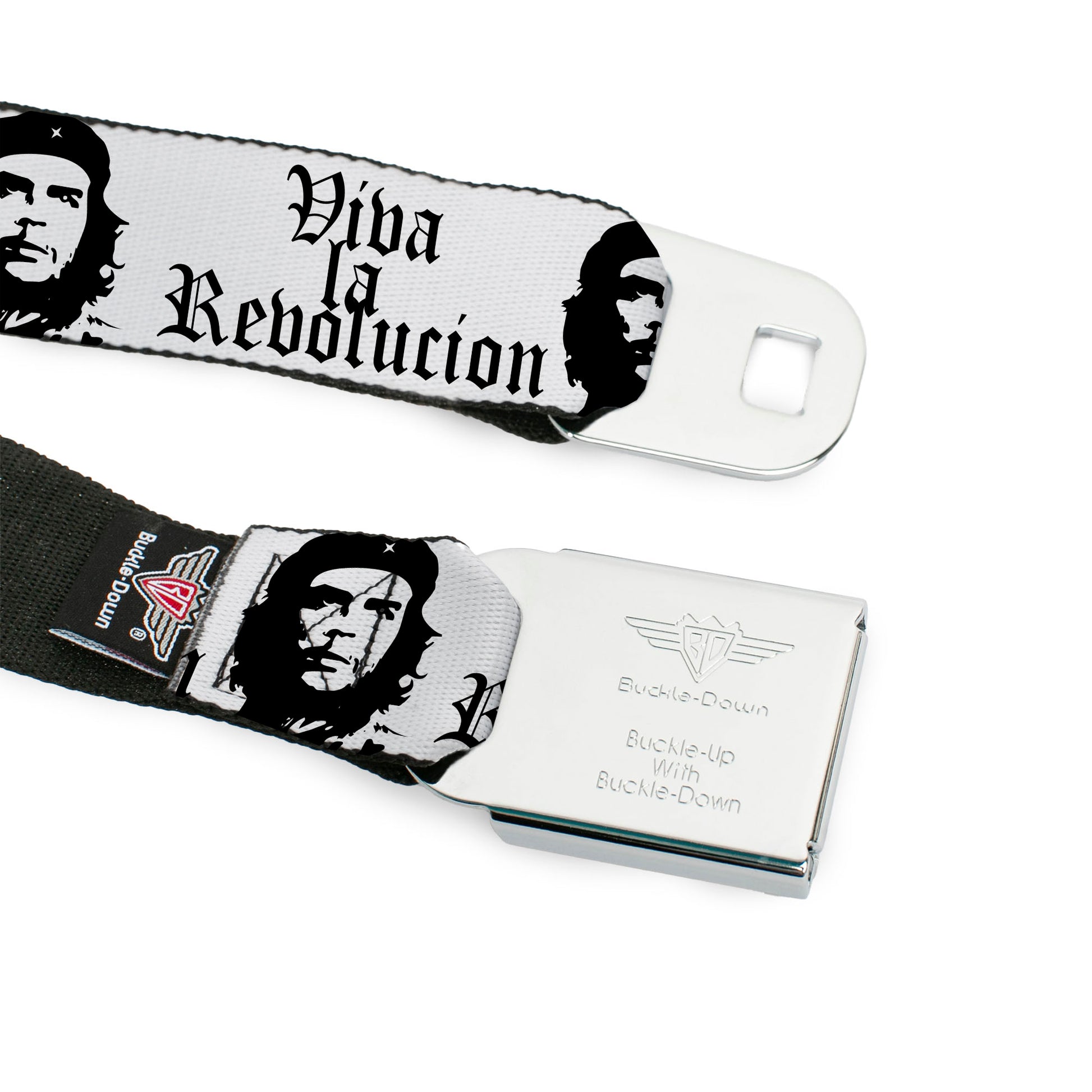 BD Wings Logo CLOSE-UP Full Color Black Silver Seatbelt Belt - VIVA LA REVOLUCION Che White/Black Webbing Seatbelt Belts Buckle-Down