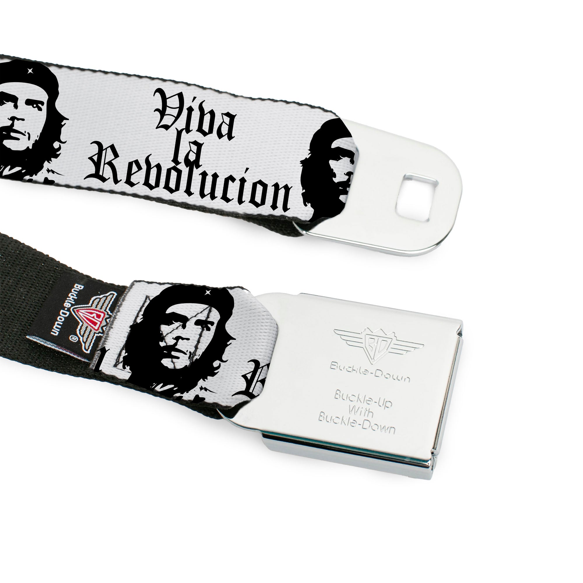 BD Wings Logo CLOSE-UP Full Color Black Silver Seatbelt Belt - VIVA LA REVOLUCION Che White/Black Webbing Seatbelt Belts Buckle-Down
