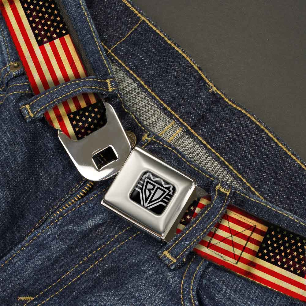 BD Wings Logo CLOSE-UP Full Color Black Silver Seatbelt Belt - Vintage US Flag Repeat Webbing Seatbelt Belts Buckle-Down