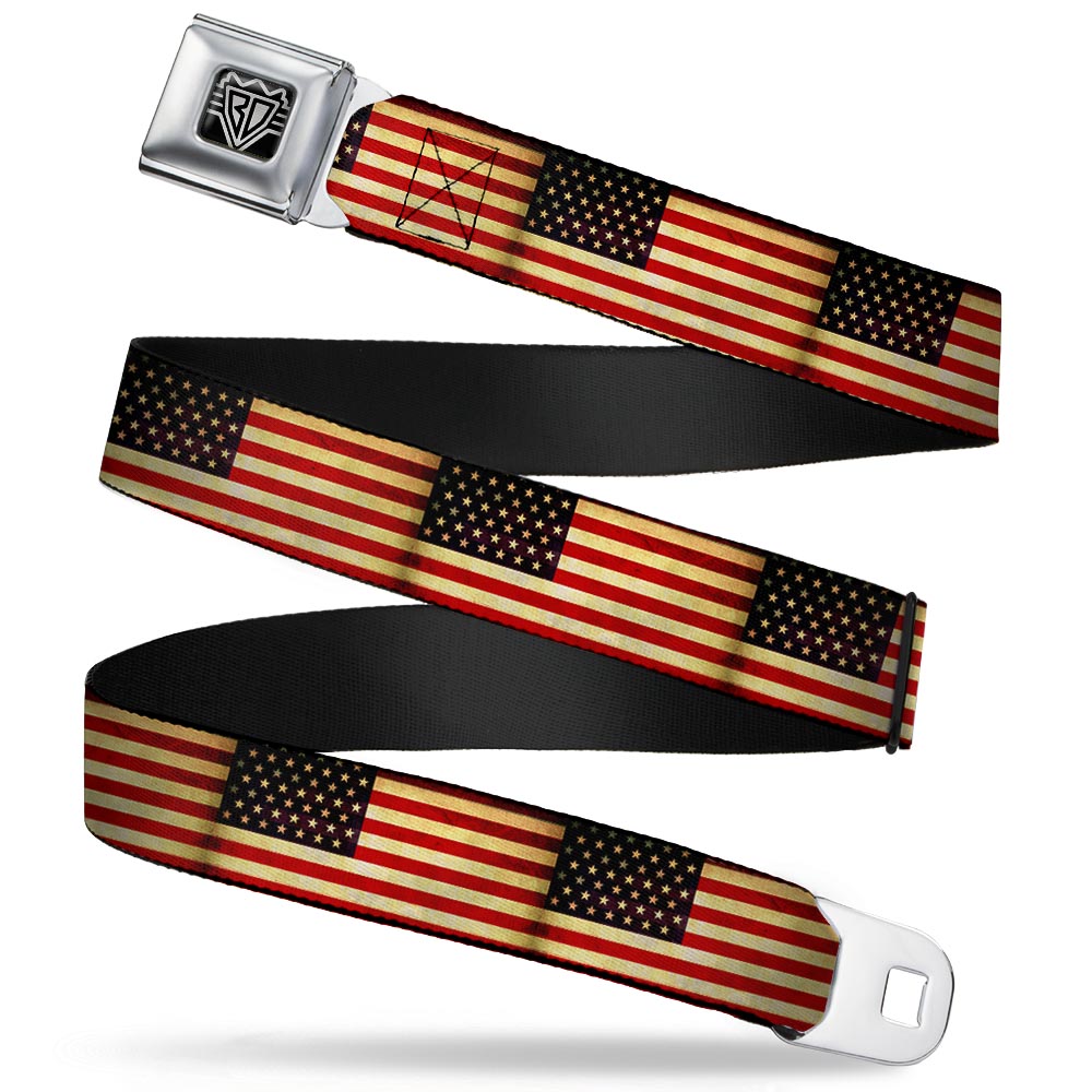 BD Wings Logo CLOSE-UP Full Color Black Silver Seatbelt Belt - Vintage US Flag Repeat Webbing Seatbelt Belts Buckle-Down