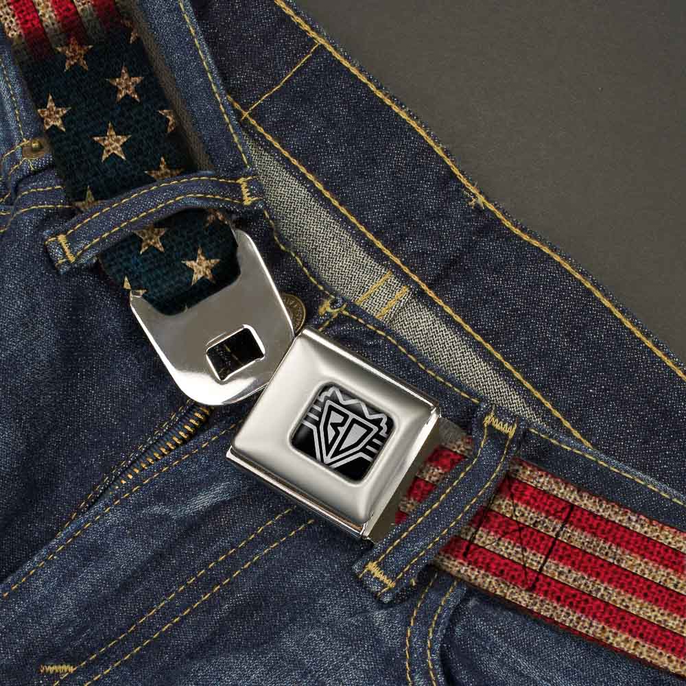 BD Wings Logo CLOSE-UP Full Color Black Silver Seatbelt Belt - Vintage US Flag Stretch Webbing Seatbelt Belts Buckle-Down