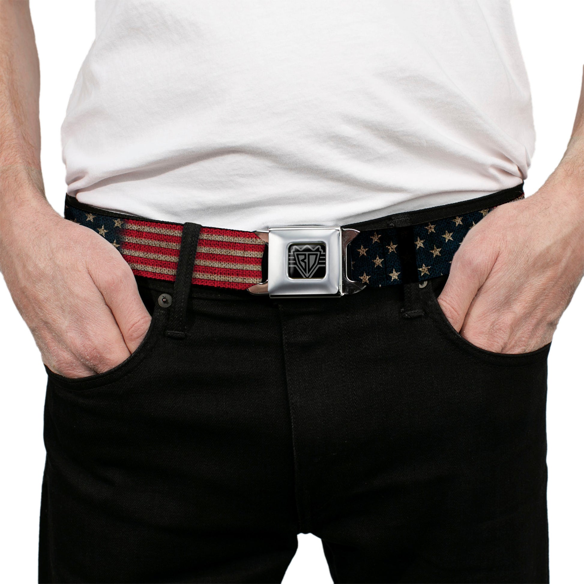 BD Wings Logo CLOSE-UP Full Color Black Silver Seatbelt Belt - Vintage US Flag Stretch Webbing Seatbelt Belts Buckle-Down