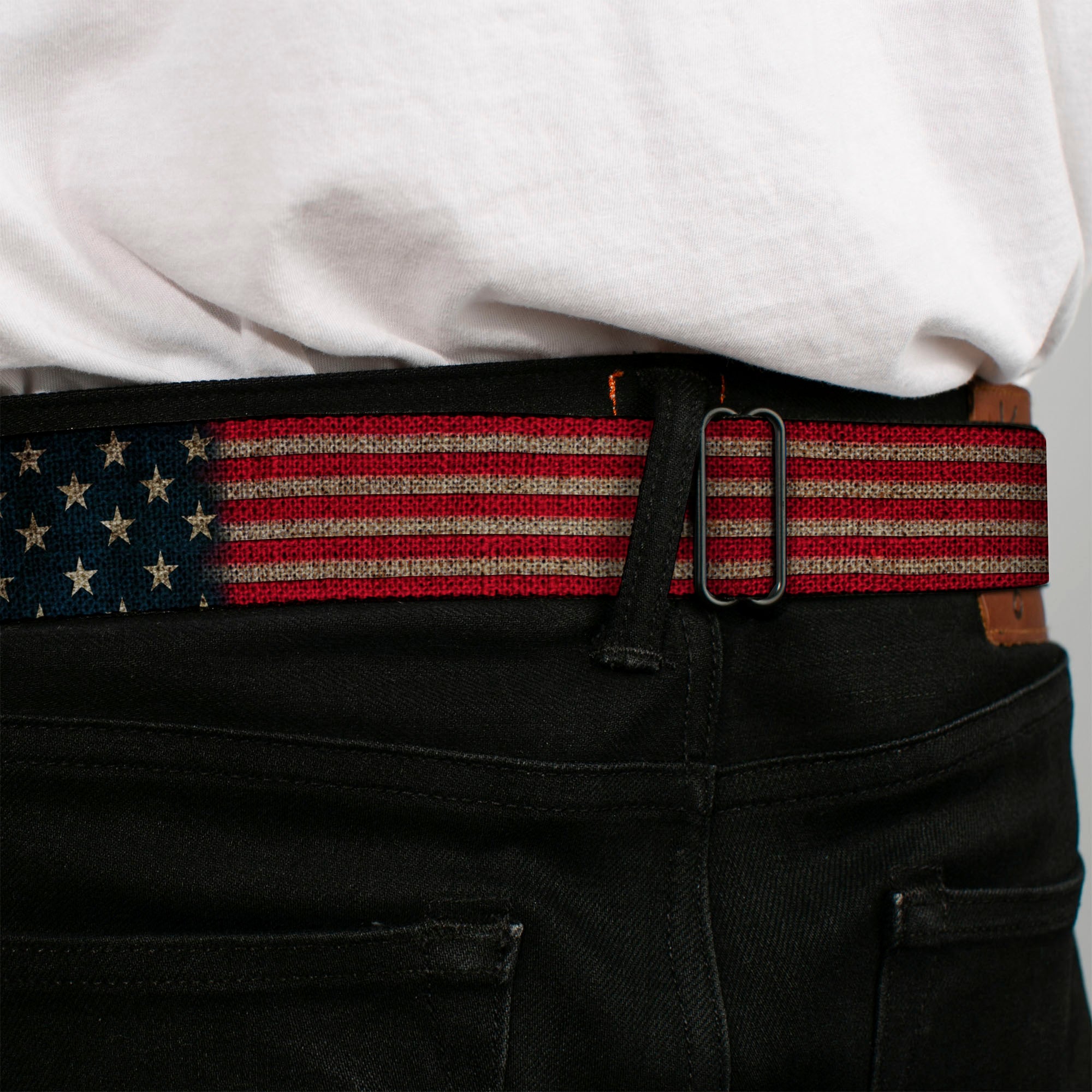 BD Wings Logo CLOSE-UP Full Color Black Silver Seatbelt Belt - Vintage US Flag Stretch Webbing Seatbelt Belts Buckle-Down