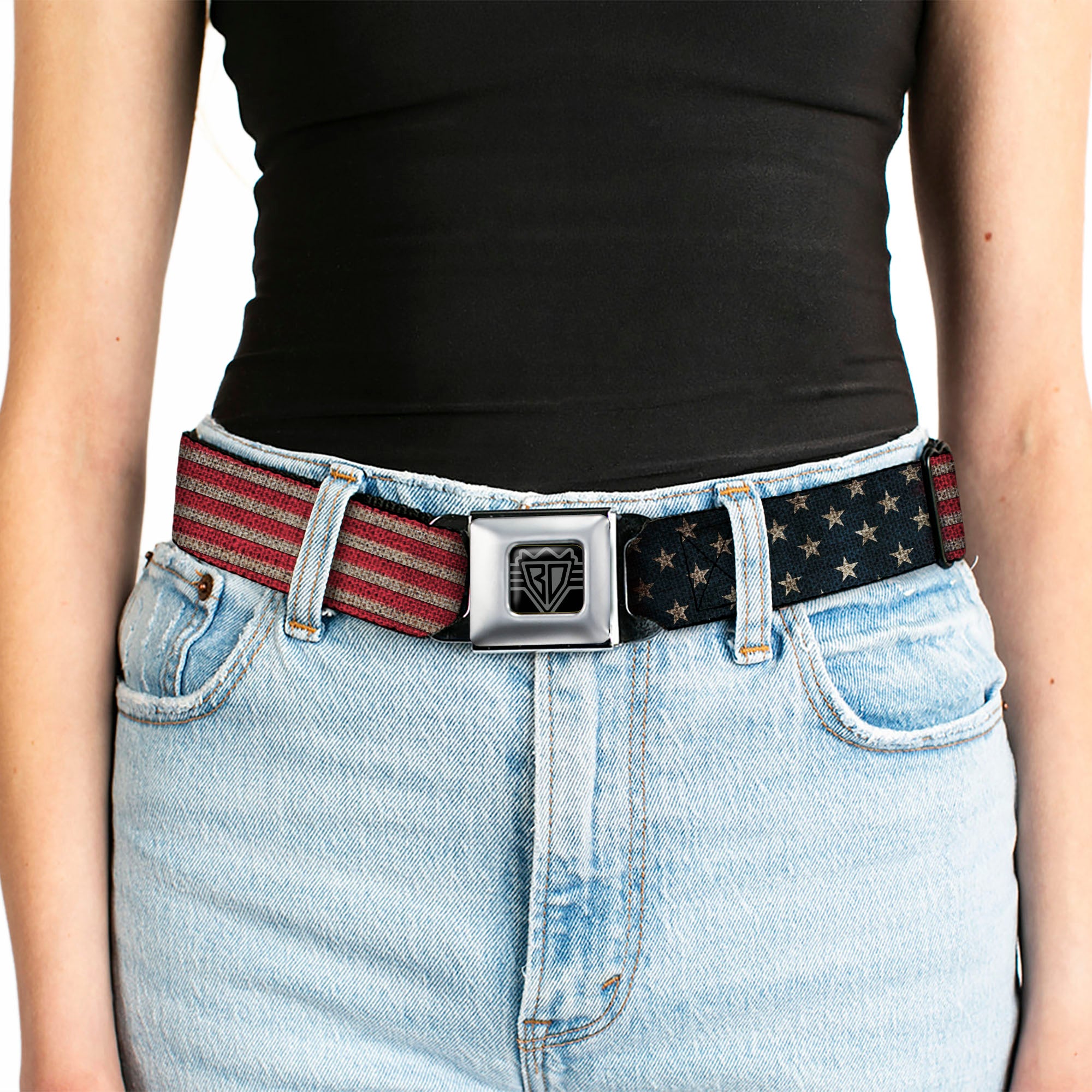 BD Wings Logo CLOSE-UP Full Color Black Silver Seatbelt Belt - Vintage US Flag Stretch Webbing Seatbelt Belts Buckle-Down