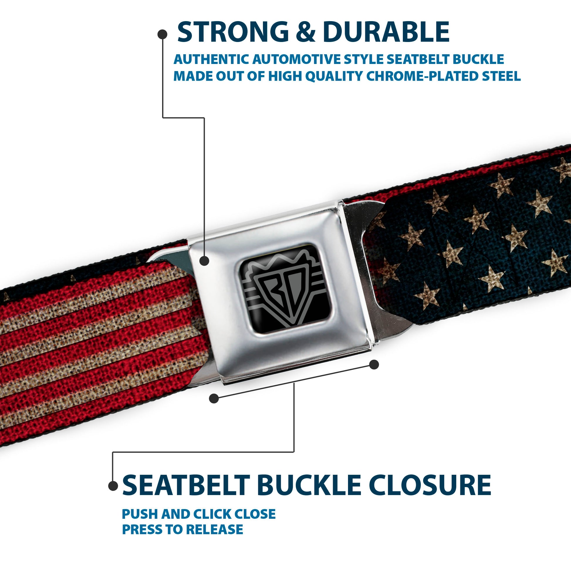 BD Wings Logo CLOSE-UP Full Color Black Silver Seatbelt Belt - Vintage US Flag Stretch Webbing Seatbelt Belts Buckle-Down