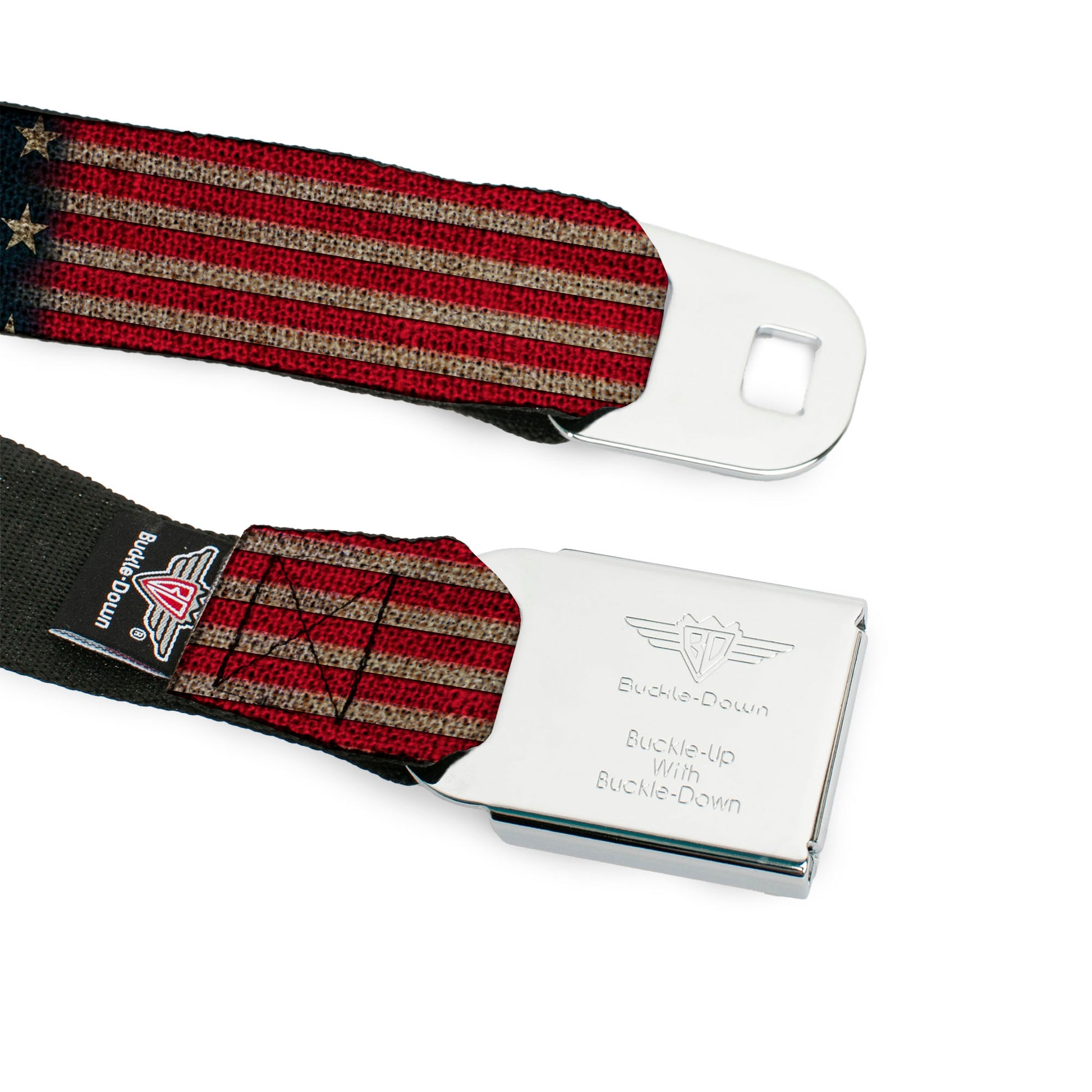 BD Wings Logo CLOSE-UP Full Color Black Silver Seatbelt Belt - Vintage US Flag Stretch Webbing Seatbelt Belts Buckle-Down