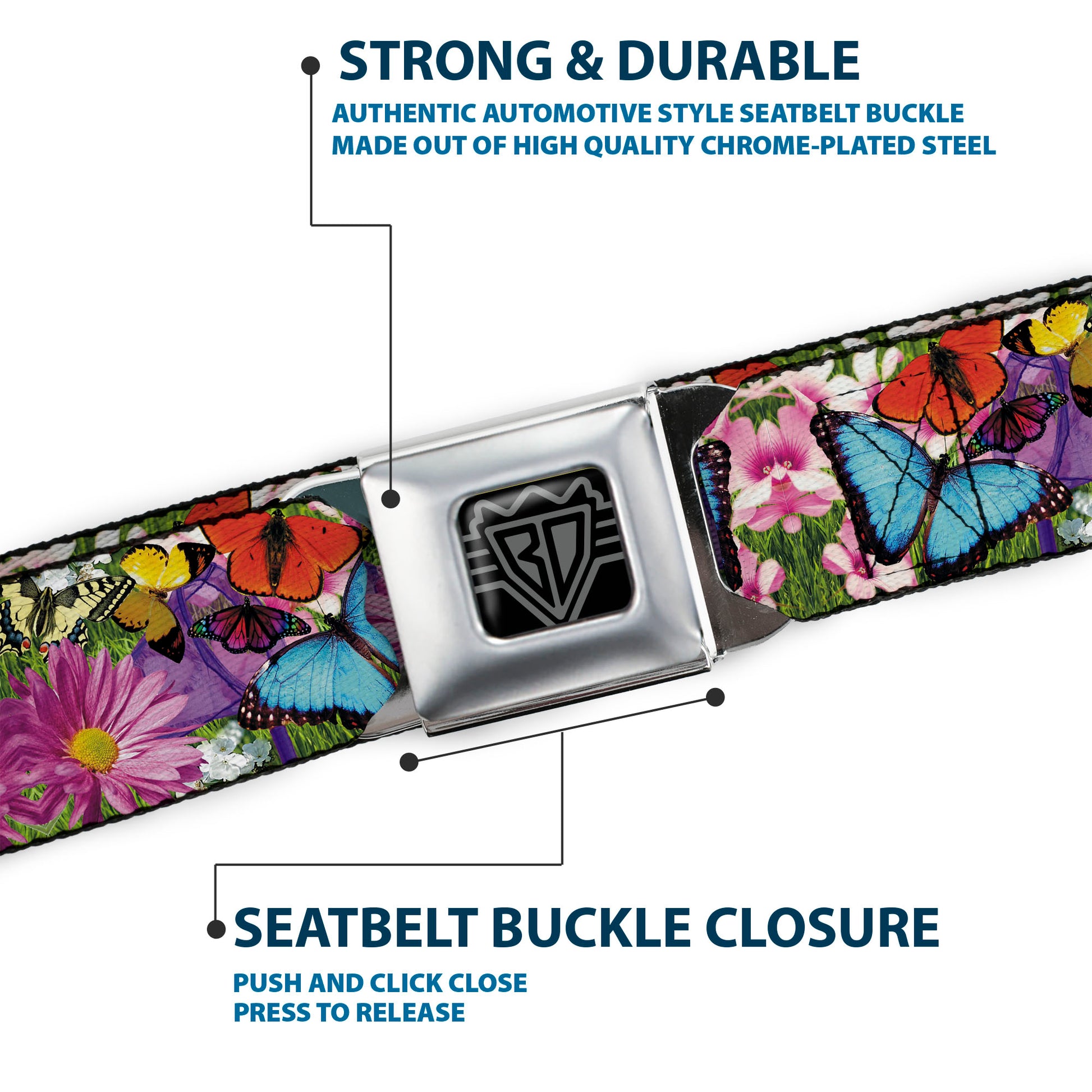 BD Wings Logo CLOSE-UP Full Color Black Silver Seatbelt Belt - Vivid Butterfly Garden Webbing Seatbelt Belts Buckle-Down