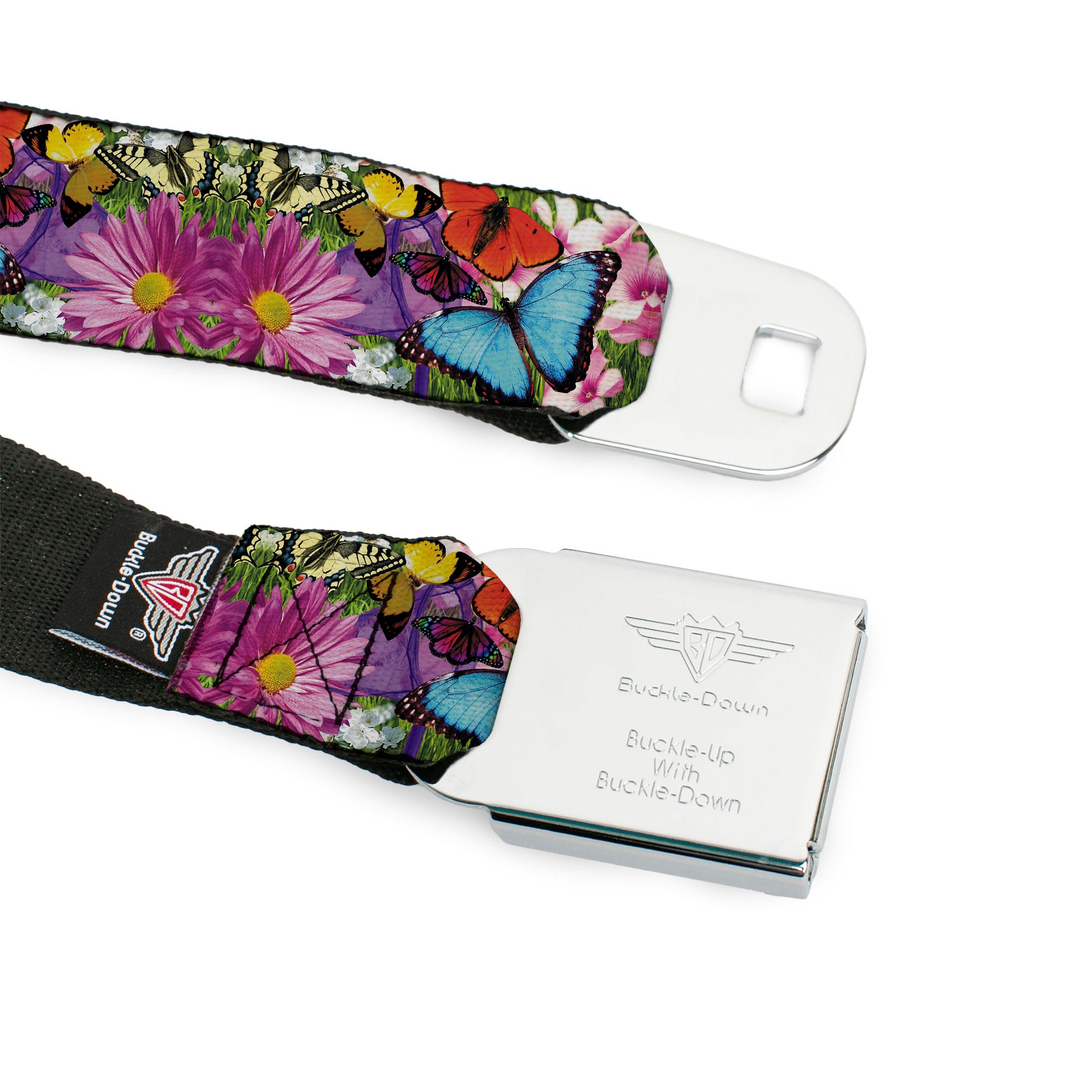 BD Wings Logo CLOSE-UP Full Color Black Silver Seatbelt Belt - Vivid Butterfly Garden Webbing Seatbelt Belts Buckle-Down