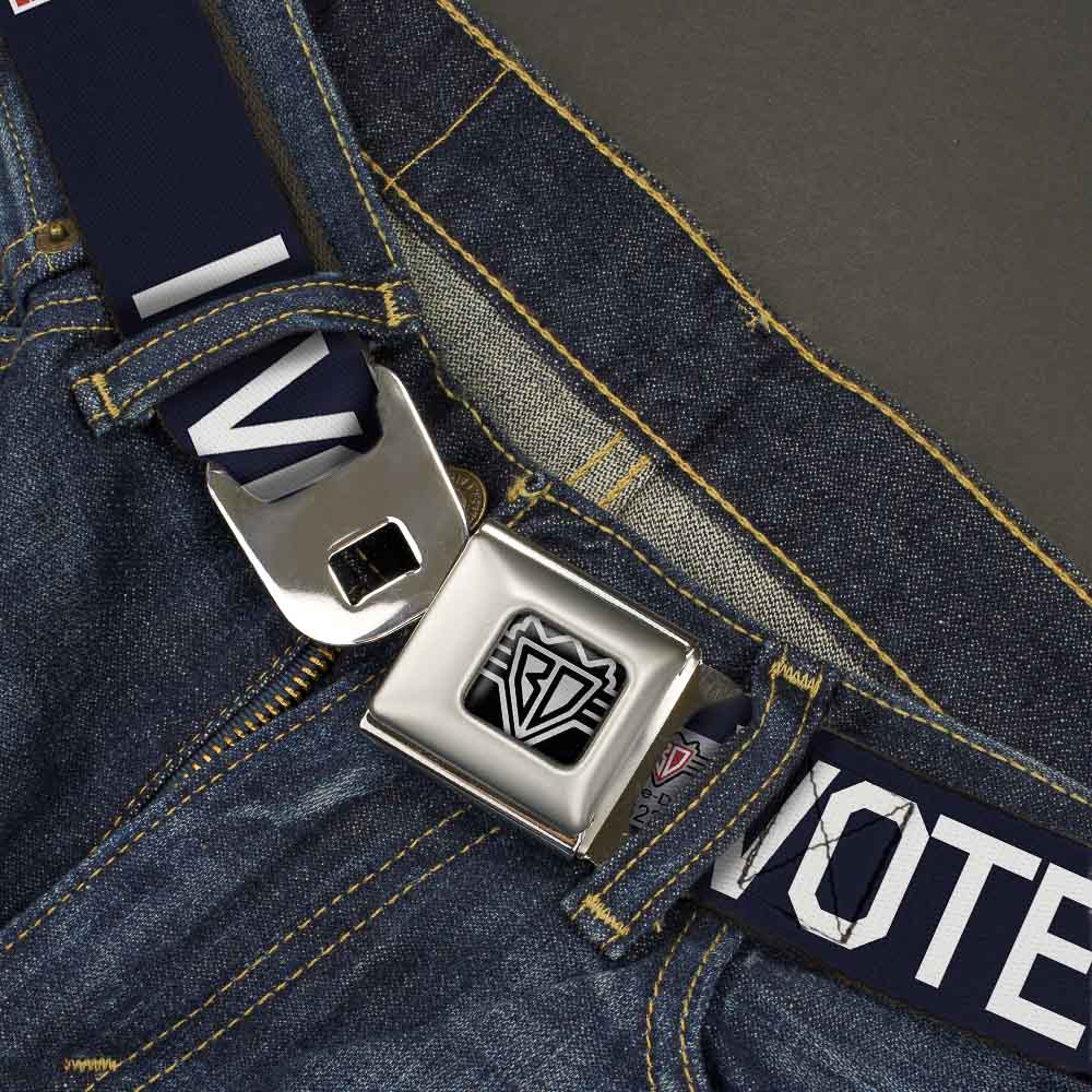BD Wings Logo CLOSE-UP Full Color Black Silver Seatbelt Belt - VOTE FOR BACON Black/White/Bacon Webbing Seatbelt Belts Buckle-Down