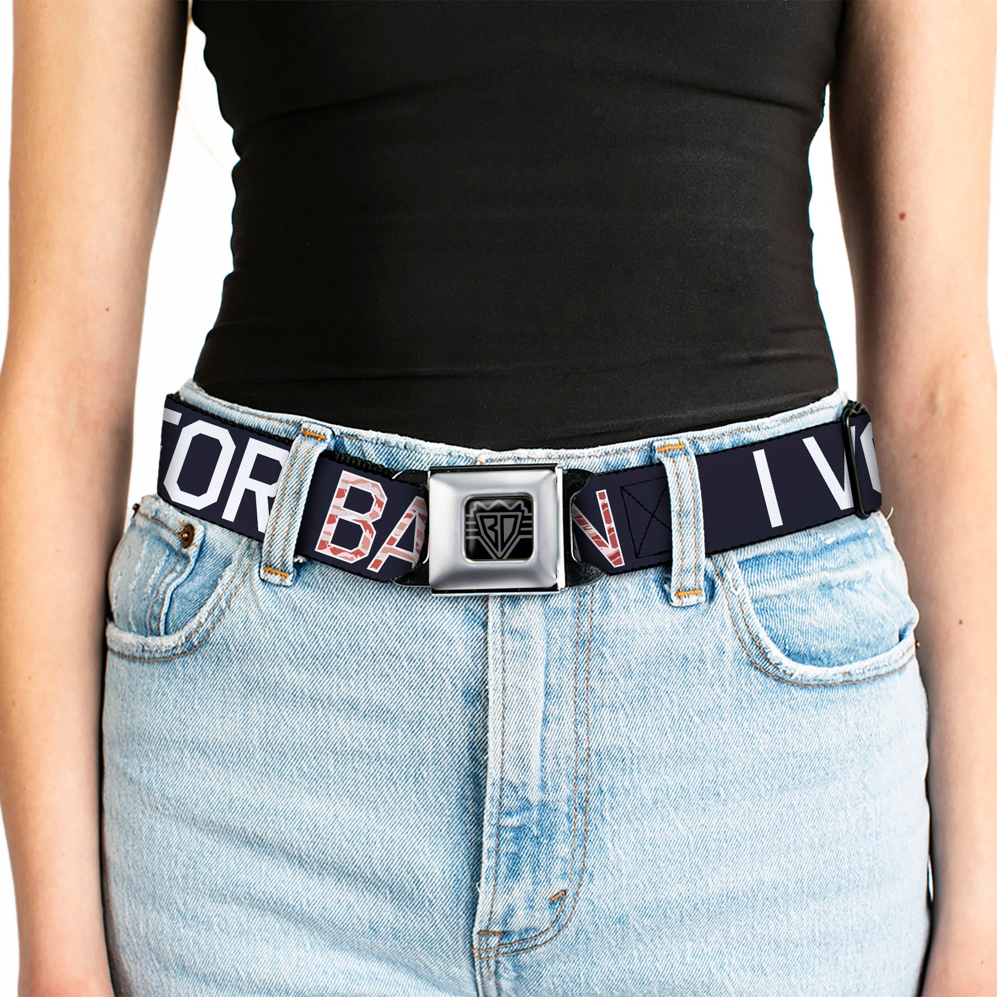 BD Wings Logo CLOSE-UP Full Color Black Silver Seatbelt Belt - VOTE FOR BACON Black/White/Bacon Webbing Seatbelt Belts Buckle-Down
