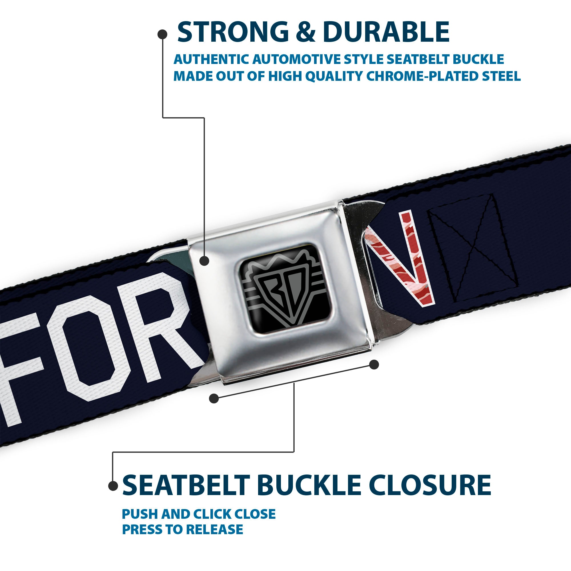 BD Wings Logo CLOSE-UP Full Color Black Silver Seatbelt Belt - VOTE FOR BACON Black/White/Bacon Webbing Seatbelt Belts Buckle-Down
