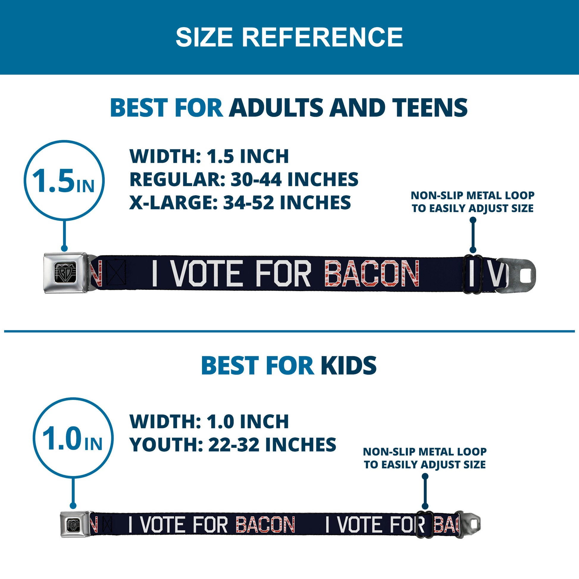 BD Wings Logo CLOSE-UP Full Color Black Silver Seatbelt Belt - VOTE FOR BACON Black/White/Bacon Webbing Seatbelt Belts Buckle-Down